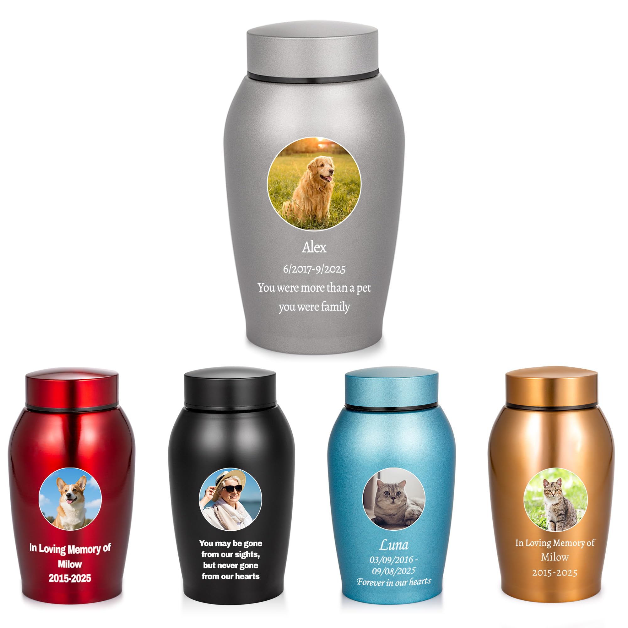 Custom Pet Cremation Urn for Dog Cat Ashes with Color Photo, Name and Date - Personalized Medium Stainless Steel Memorials Keepsake for Rabbit Bird Hamster Ashes