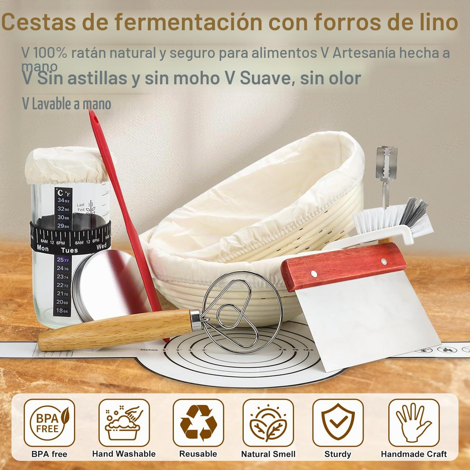 Kit Completo para Masa Madre 12 Piezas:Cesta para Pan Ovalada 25 cm y Cesta Redonda 23 cm,Banda de Silicona para Pan,Tarro de Fermentación para Levadura,Set de Raspadores para Bowl y Masa