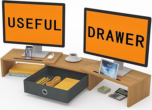 WESTREE Soporte elevador para monitor doble con cajón, longitud y ángulo ajustables, 2 soportes para teléfono, organizador de escritorio para