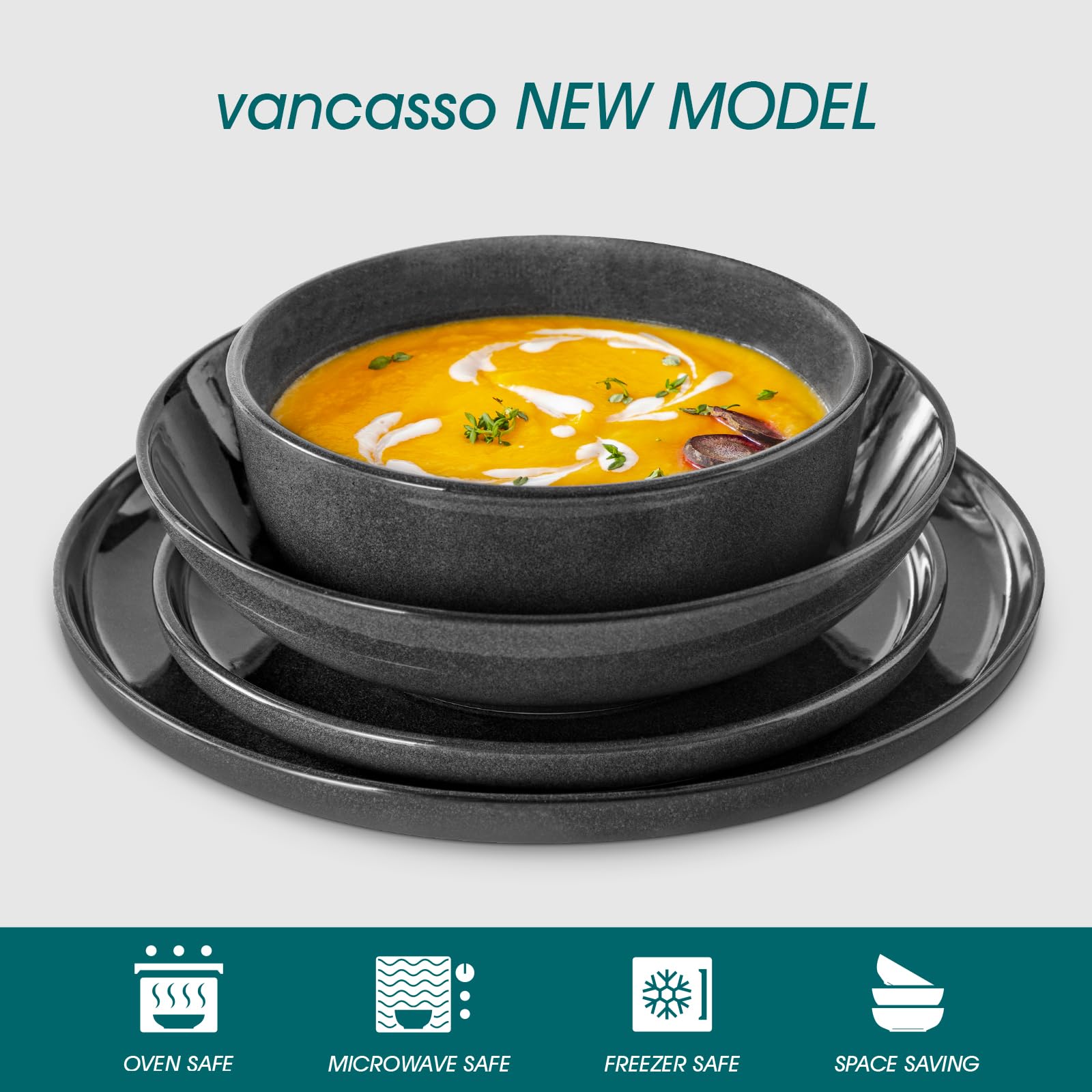 vancasso Série ANYA Assiettes Service de Table 24 Pièces pour 6 Personnes, Vaisselle en Grès - Glaçure Gris Double Flambé - Passe au Micro-Ondes, au Four et Au Lave-Vaisselle
