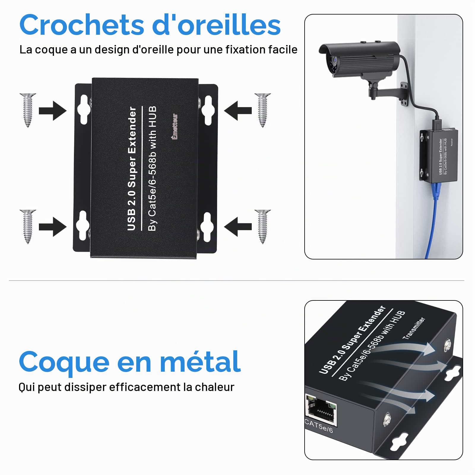 VEDINDUST USB 2.0 Extender Ethernet 4 Ports 196ft 60m Extension sur RJ45 Cat5e 6 Jusqu'à 480Mbps Deux Webcam Work Sync Support Windows MacOS Android Linux Pas de Pilote EX50USB etc