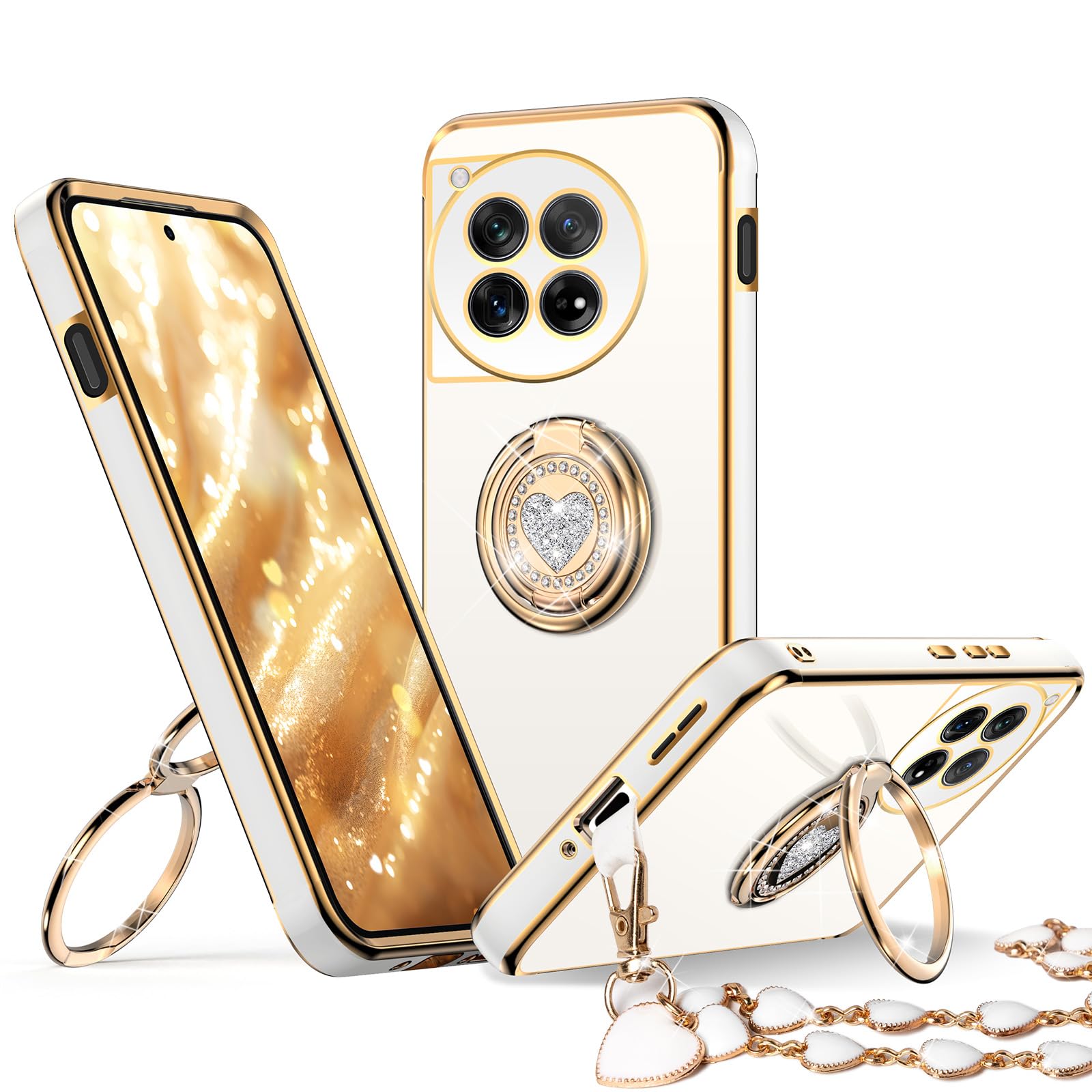 XYZ for OnePlus 12 case with Ring Stand, Women Girls Cute Love-Heart Luxury Bling Protective Case Heart for OnePlus 12, White