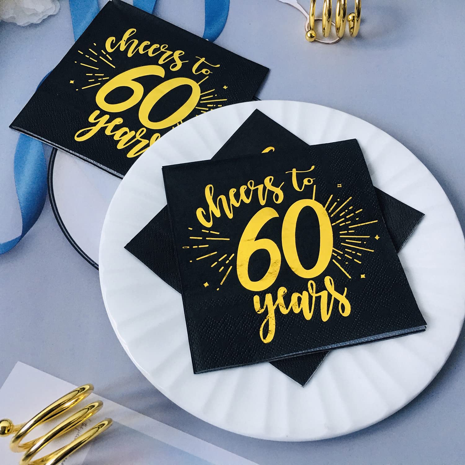 CHANGCAO50Pieces Gold60th Birthday Celebration Party Decorative Napkin Black60th Birthday Decorative Men's and Women's Party Supplies Cocktail Napkins in a black, Cheers to 60 Years