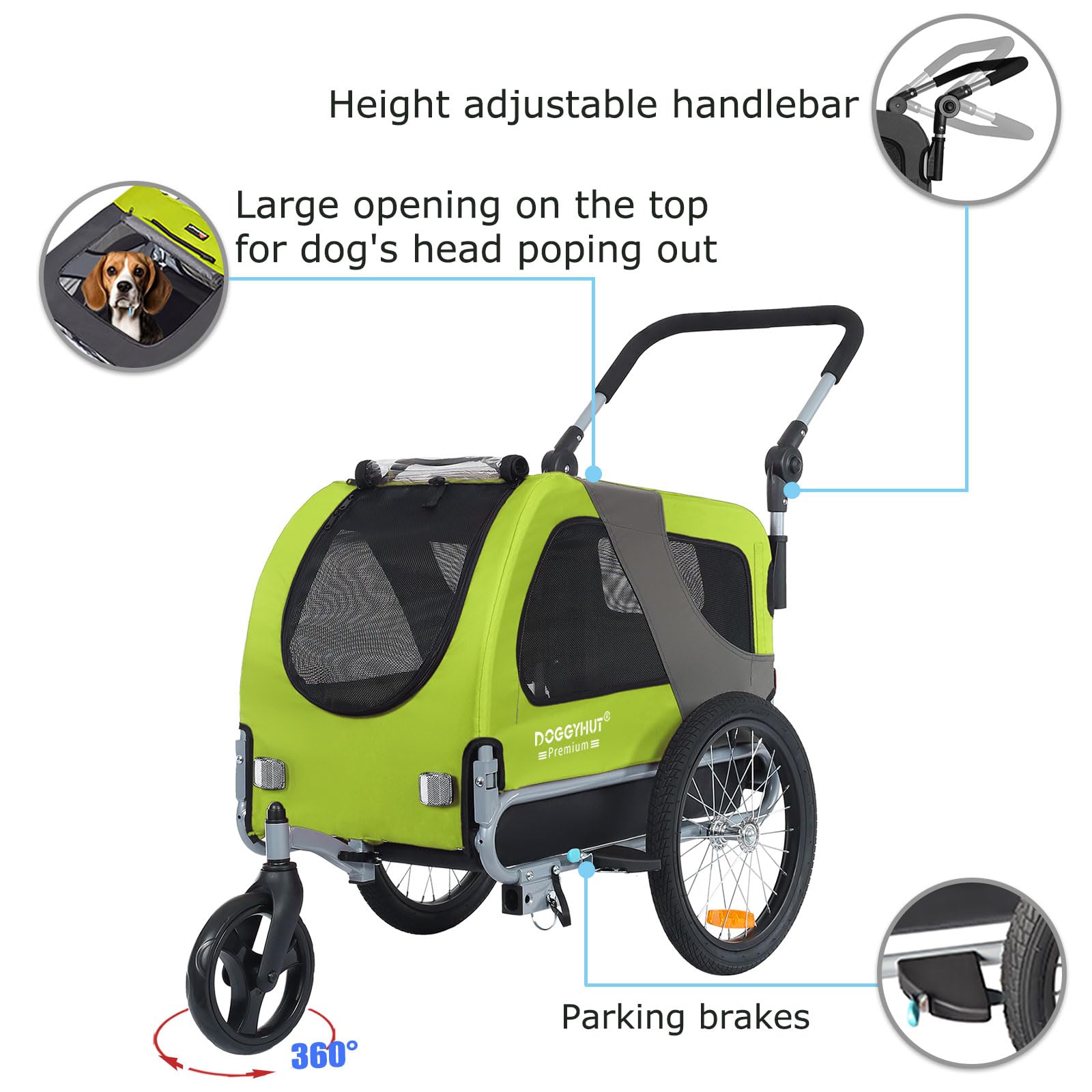 DOGGYHUT® Premium M Hundeanhänger 2-in-1 Hundebuggy & Jogger Fahrradanhänger für Hunde bis 23kg