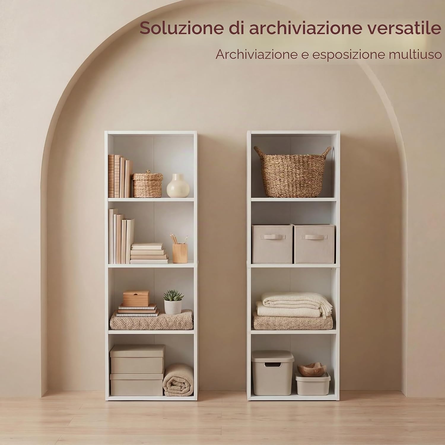 Two Vida Designs Oxford 4-Tier Cube Bookcases side-by-side, showing various items stored and displayed.