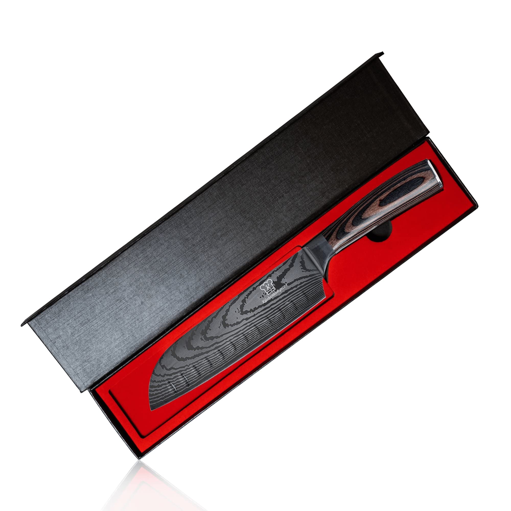 Küchenkompane – asiatisches Santoku 7“ Kochmesser aus 7CR17 Edelstahl mit ergonomischen Pakkaholzgriff inkl. Geschenkbox | Küchenmesser im Damast Design | rostfrei & scharf | Designed in Germany