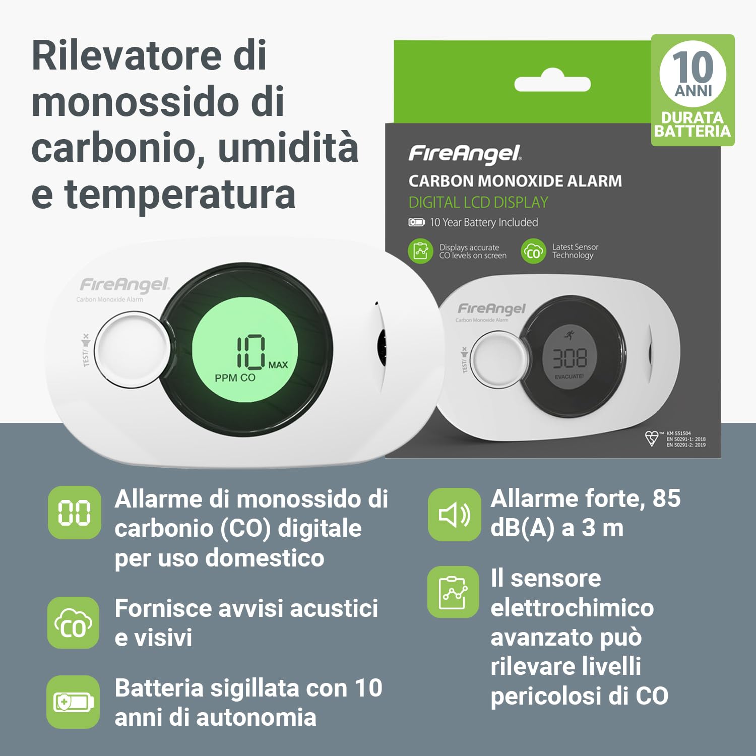 FireAngel Rilevatore Monossido di Carbonio – Rilevatore CO, Umidità, Temperatura FA3322 – Sensore Monossido di Carbonio per Casa e Viaggio