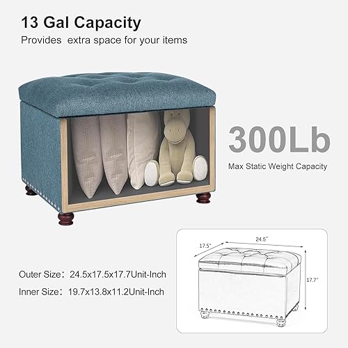 Miniatura 2 de Otomana de 24 pulgadas con almacenamiento, taburete otomano tapizado de tela de lino, reposapiés pequeño con bisagras para sala de estar,