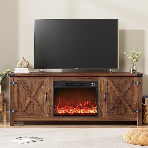 YESHOMY Soporte de TV con chimenea con dos puertas de granero y armarios de almacenamiento para televisores de hasta 65 pulgadas, mesa consola