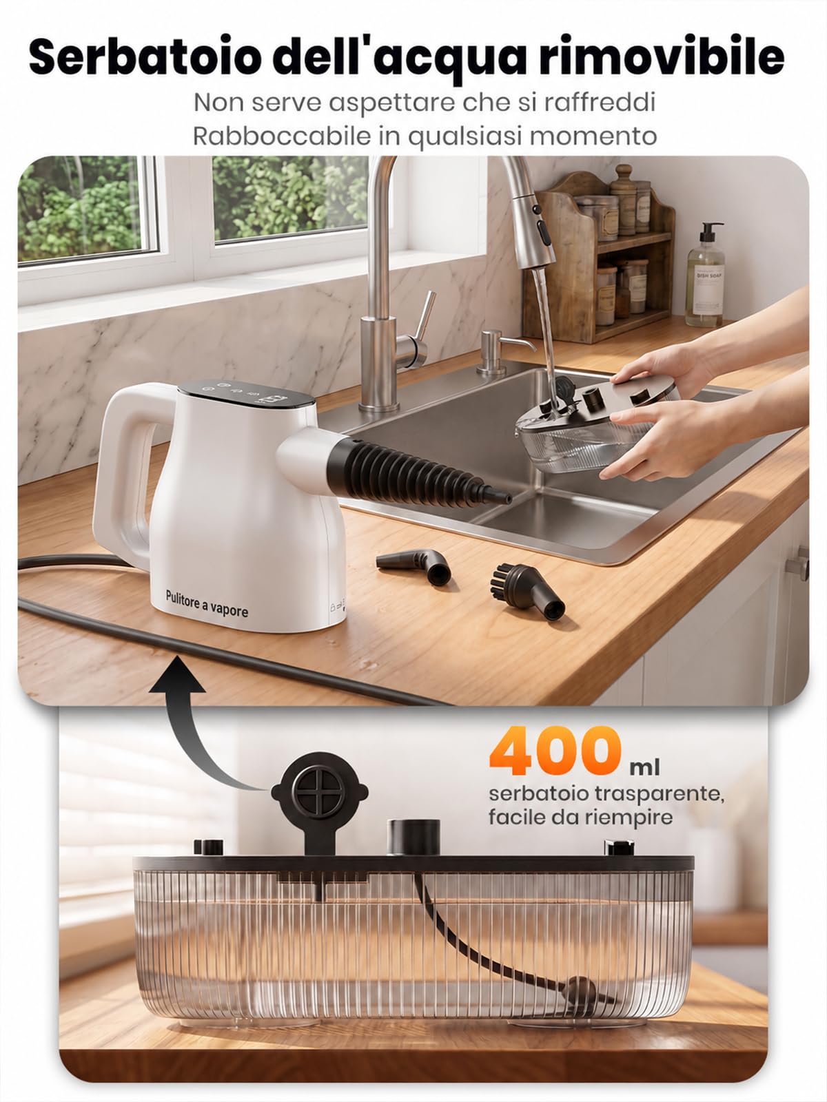 Pulitore a vapore portatile a pressione con display touch intelligente, 1350 W, riscaldamento rapido in 10 s, bianco