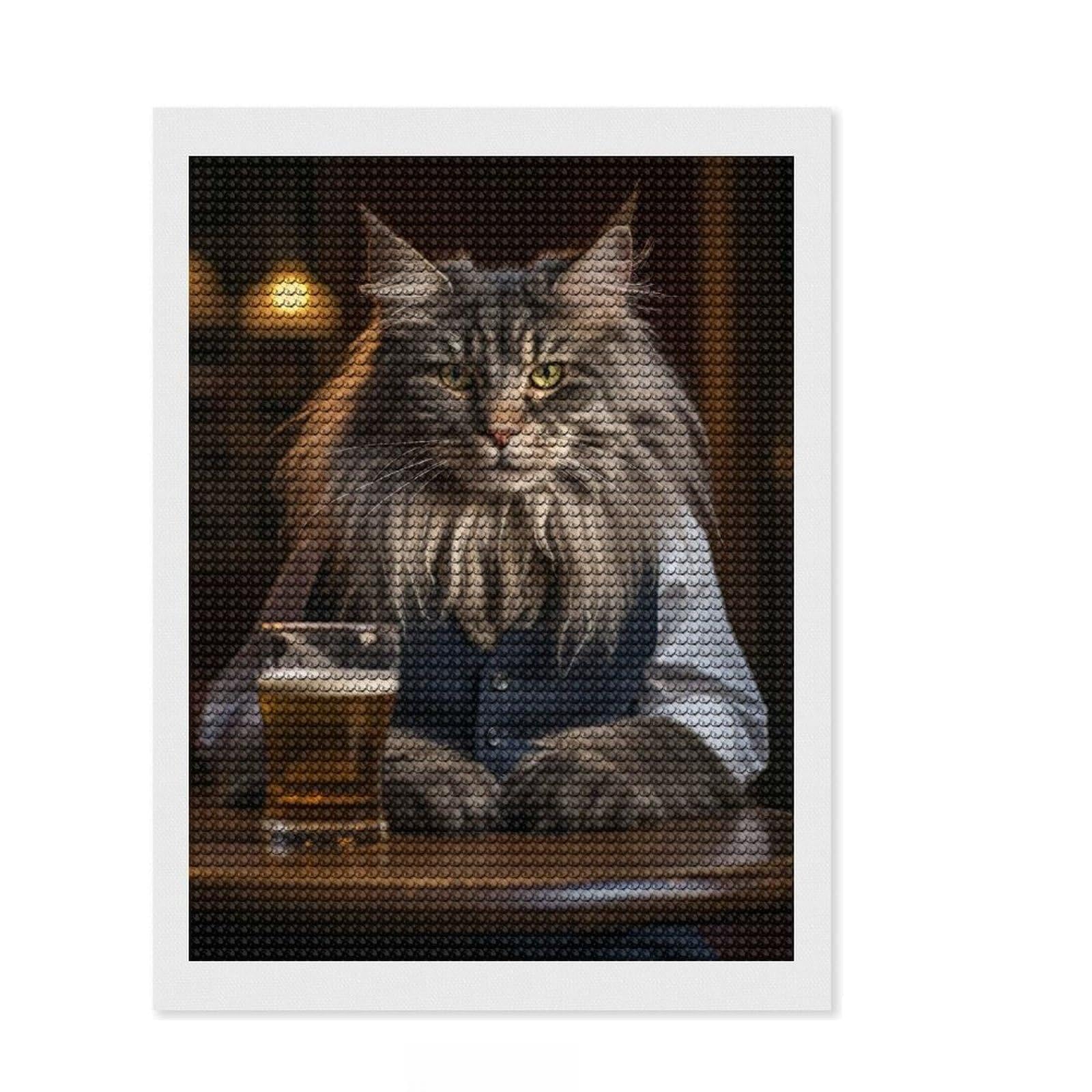 Junmoney Maine Coon Cat in The Pub DIY Diamond Art Canvas Kit 12"x16", Enjoyable At-Home Hobby, Creative Leisure Activity, Home Wall Decor
