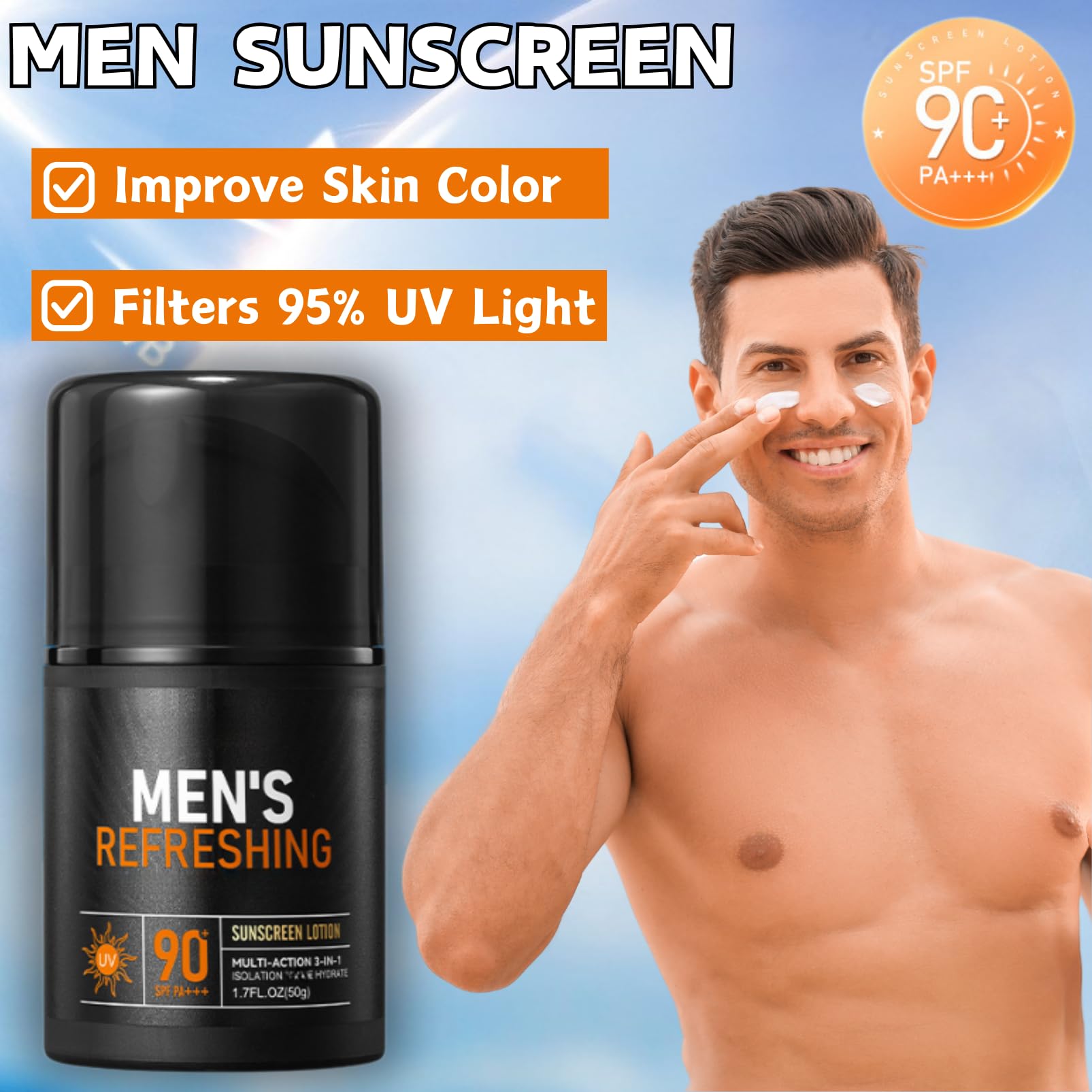 Sunscreen for Men SPF 90+, Mens Moisturiser Face with UVA/UVB Protection, Waterproof & Sweat Resistant Sun Lotion - Image 2