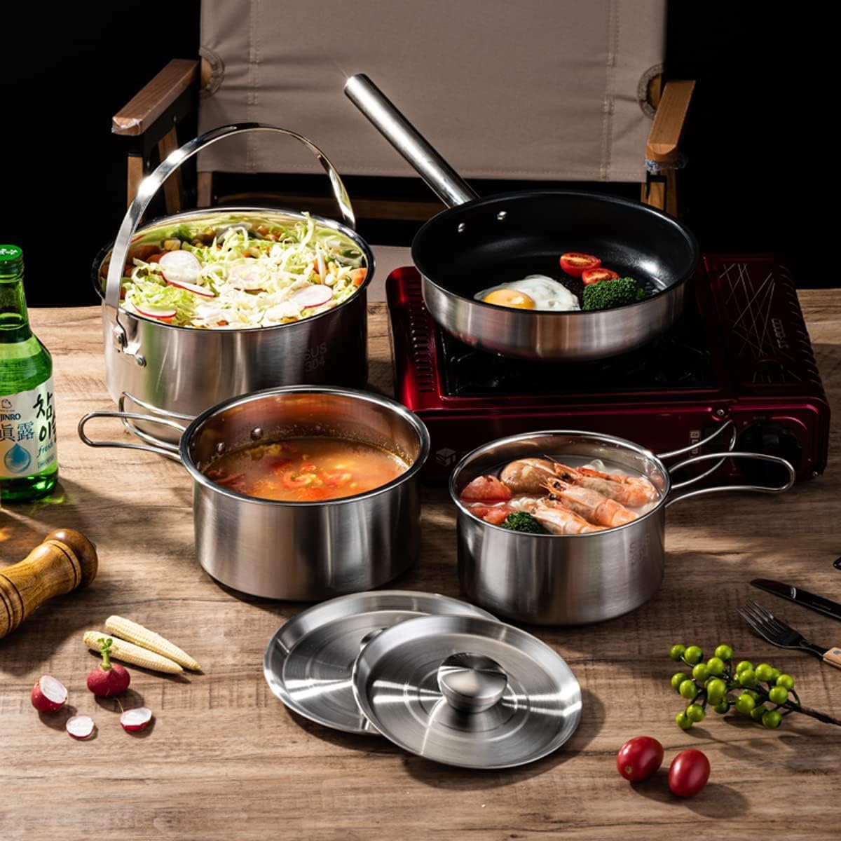 Camping Kochgeschirr Set, Töpfe und Pfannen für Lagerfeuer Kochen, inkl. Reisetasche für 4-6 Personen