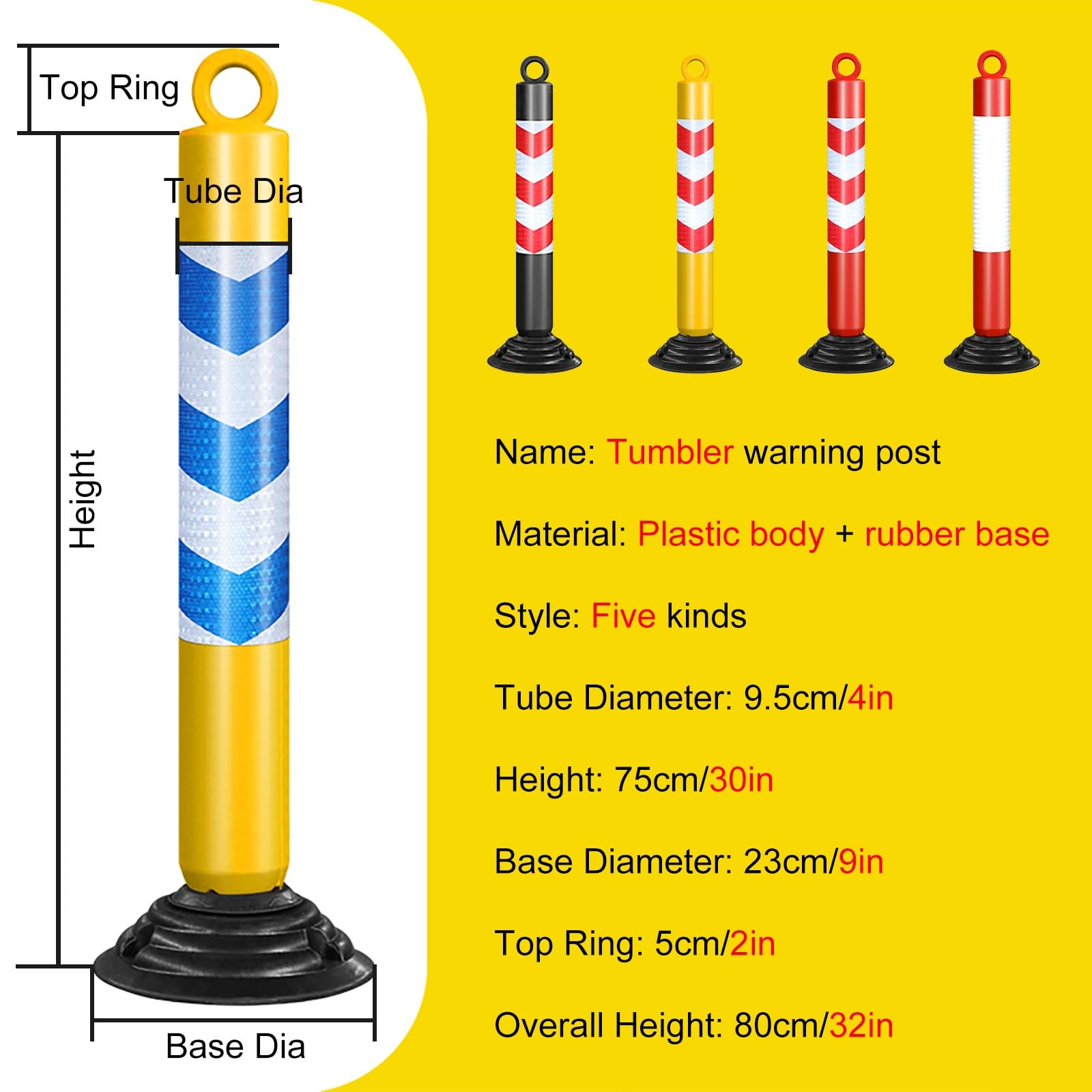 SRNSAEB 2 4 6 8 Pack 30in Tall Delineator Post Kit, Fixed Channelizer Cones with Rubber Base & Reflective Collars & Screws, Road Sides/Highways/Footpaths Warning Pile Safety Posts(Black+Red,2 pcs)