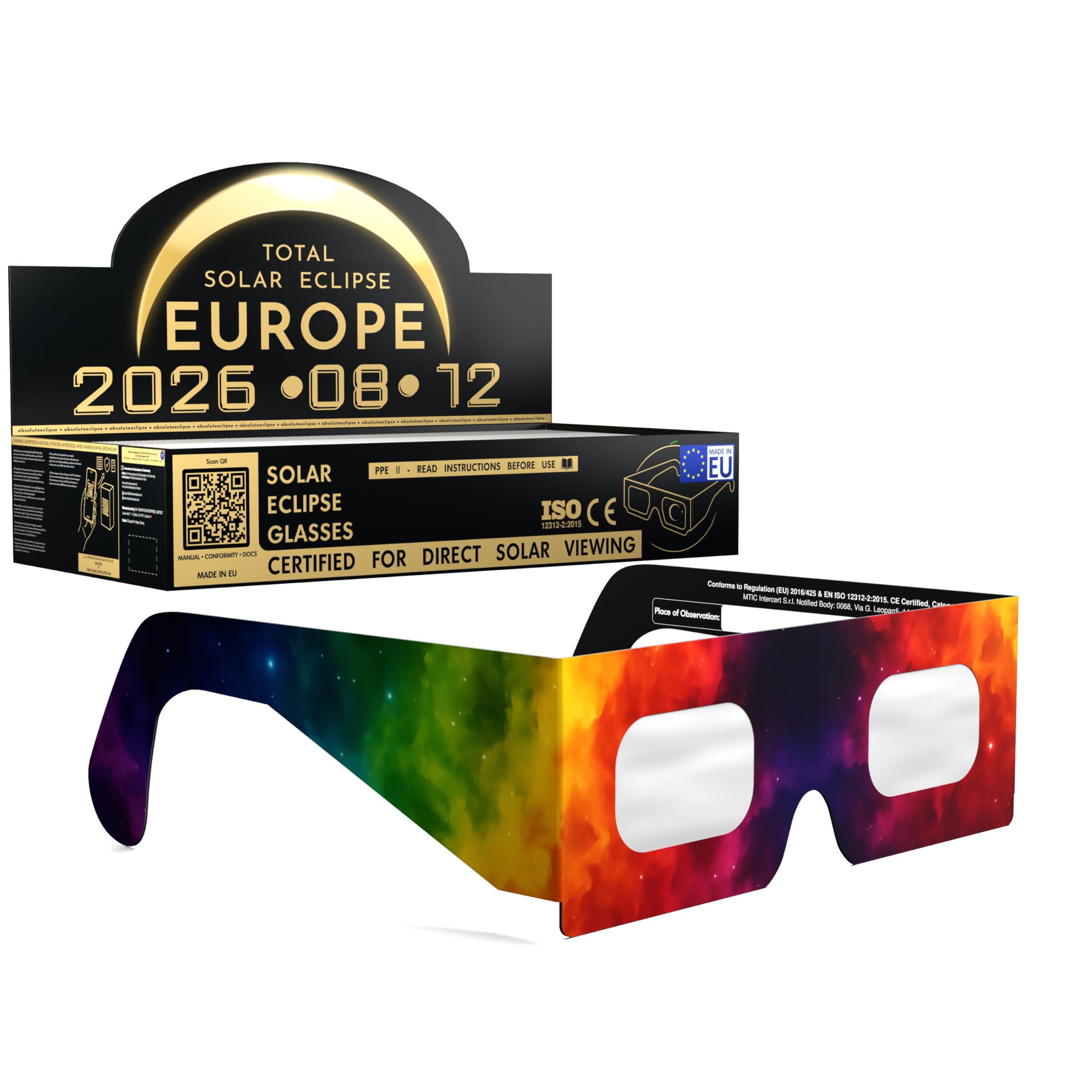 Solar Eclipse Glasses ISO 12312-2 CE Certified | Safe Solar Viewing Glasses UK | Paper Cardboard Frame | Total Solar Eclipse August 2026 | Made in EU | 100 Pack | Colorsplash