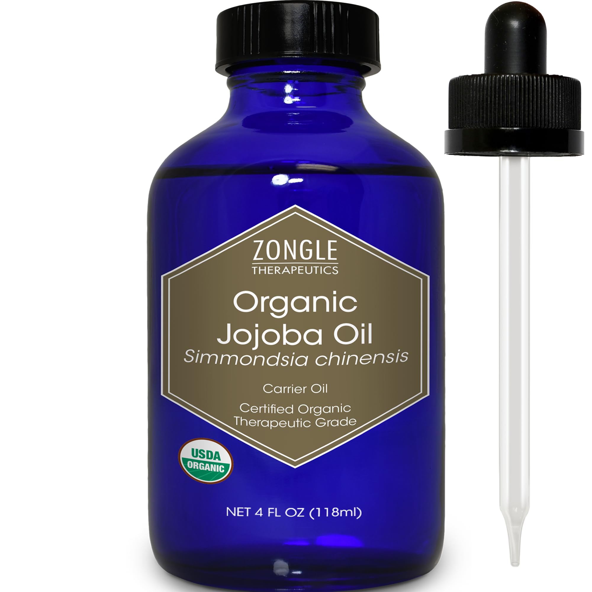 Organic, Jojoba Oil, for Skin, Hair, Face, Nails – 100% Pure, Jojoba Oil, Cold Pressed, Unrefined, by Zongle Therapeutics, 4 OZ