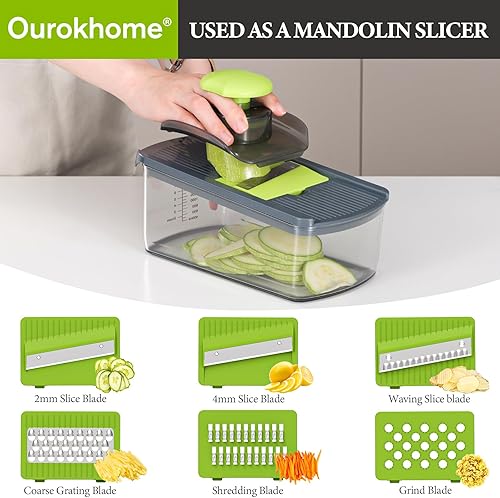 Miniatura 2 de Ourokhome Cortadora de verduras de mandolina 10 en 1, trituradora multifuncional de verduras con contenedor, rallador de limón de cocina, rallador