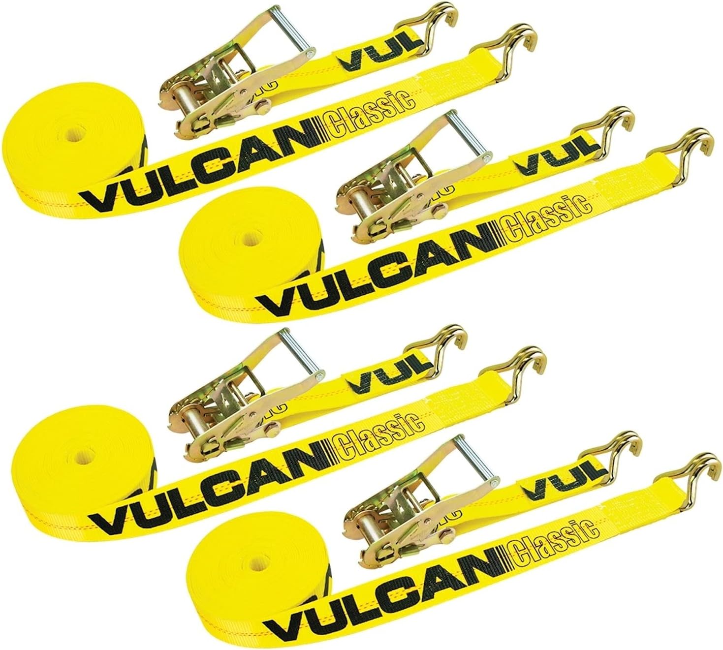 VULCAN Ratchet Straps with Wire J Hooks - 2 Inch x 15 Foot - 4 Pack - Classic Yellow - 3,300 Pound Safe Working Load