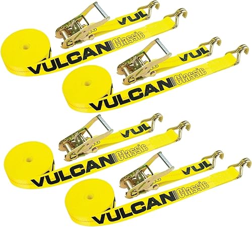 VULCAN Ratchet Straps with Wire J Hooks - 2 Inch x 15 Foot - 4 Pack - Classic Ye