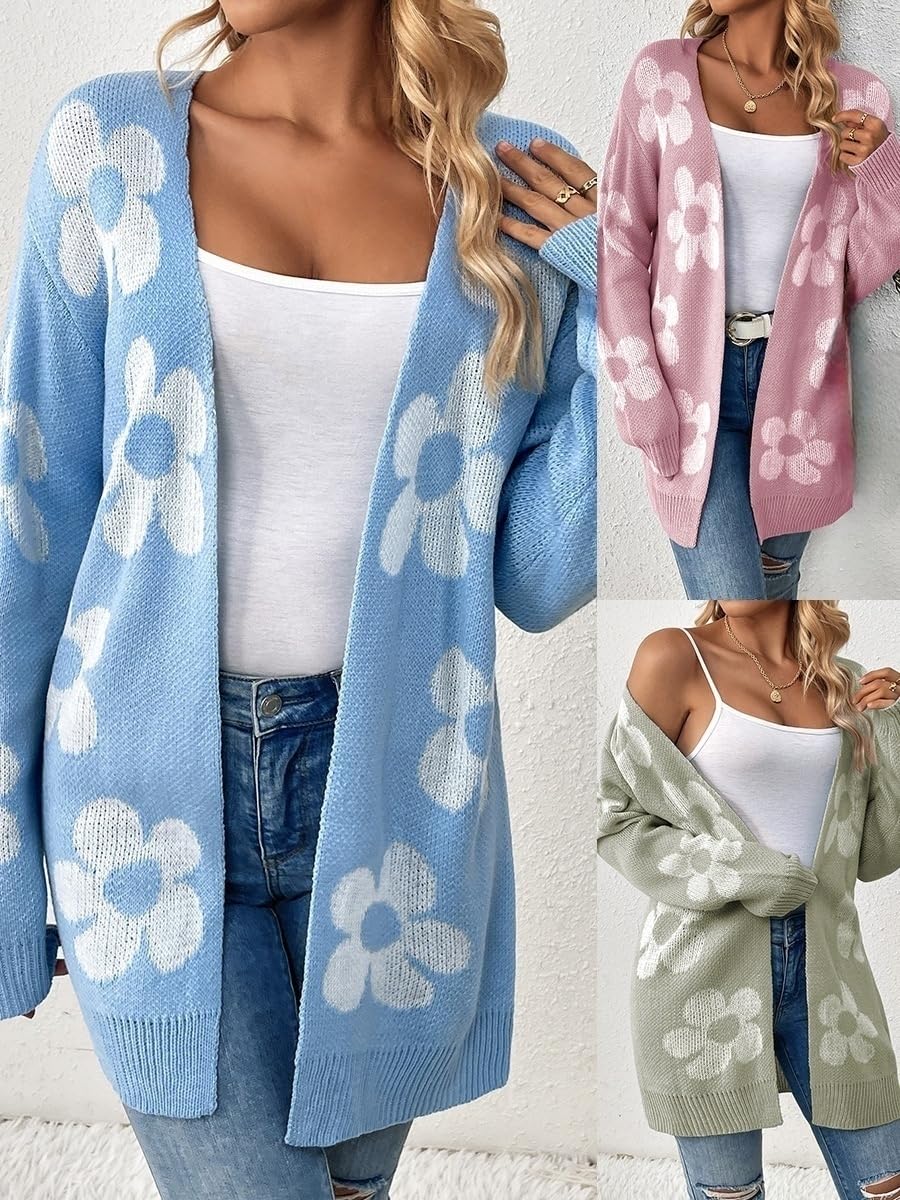 Abrigo de Camiseta de Punto Floral de Punto Abierto para Mujer, Camiseta de Manga Larga y Largo de Punto, Ropa Exterior Informal de Punto de Corte Suelto para Otoño, Invierno