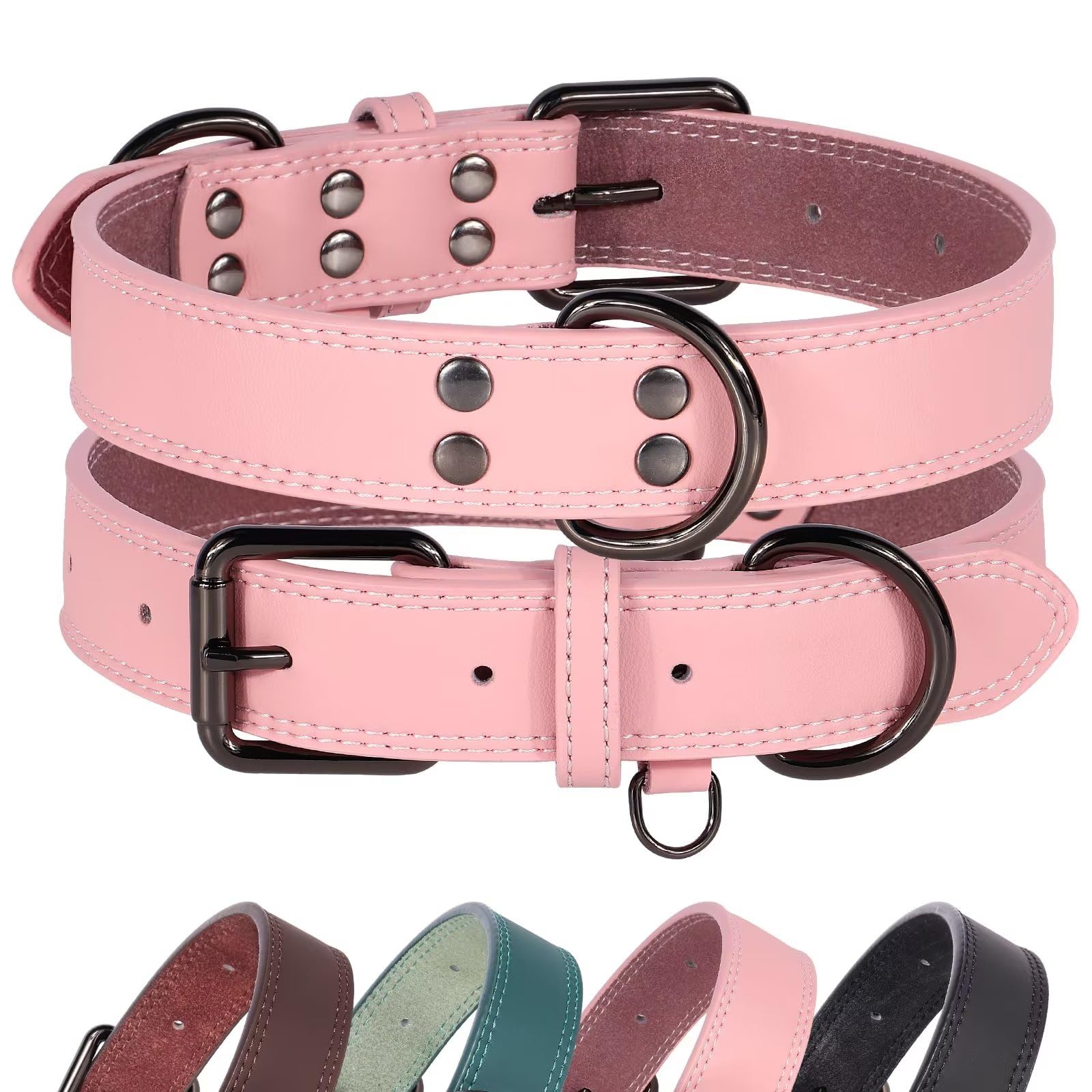 Didog Genuine Leather Dog Collar for Large Dogs, Durable and Soft Pink Dog Collars with Double D Rings and Metal Buckle,Pink,XL