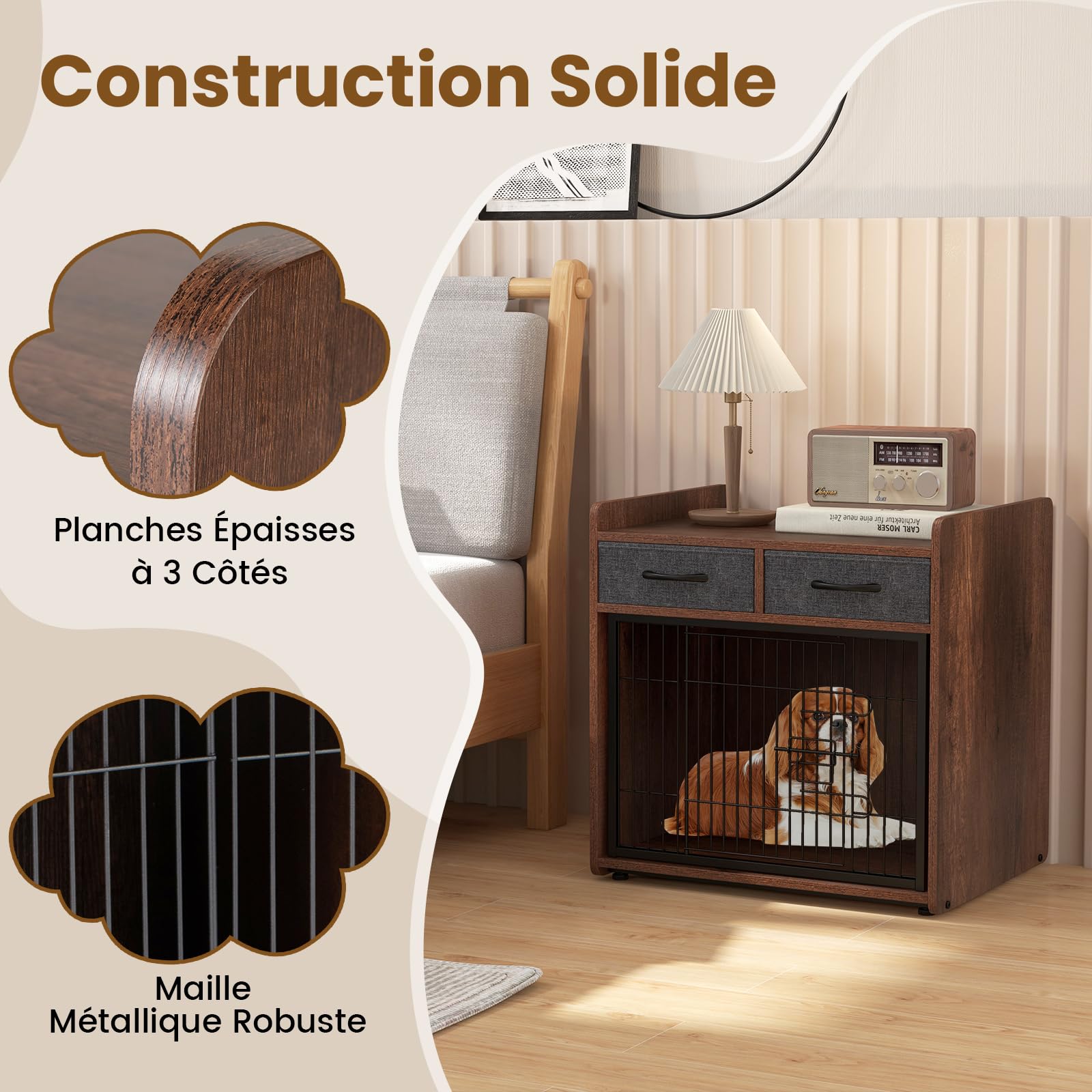 GOPLUS Caisse pour Chien en Bois avec 2 Tiroirs en Tissu, Porte Verrouillable, Meuble pour Chenil Intérieur, Cage Robuste pour Petits et Moyens Chiens, Style Moderne