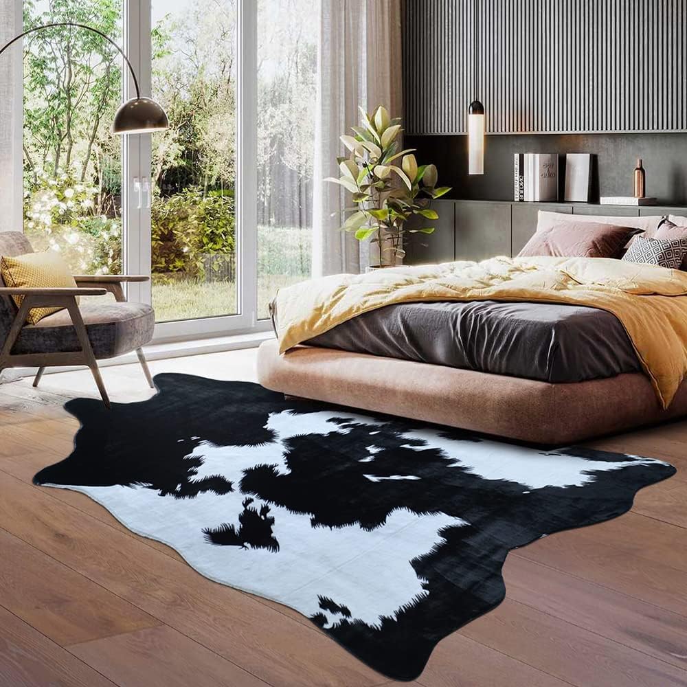 Rugoo Black Faux Cowhide 8.3 ft x 6.2 ft Cow Print Faux Animal Skin Faux Fur Rug for Living Room, Bedroom, Nursery