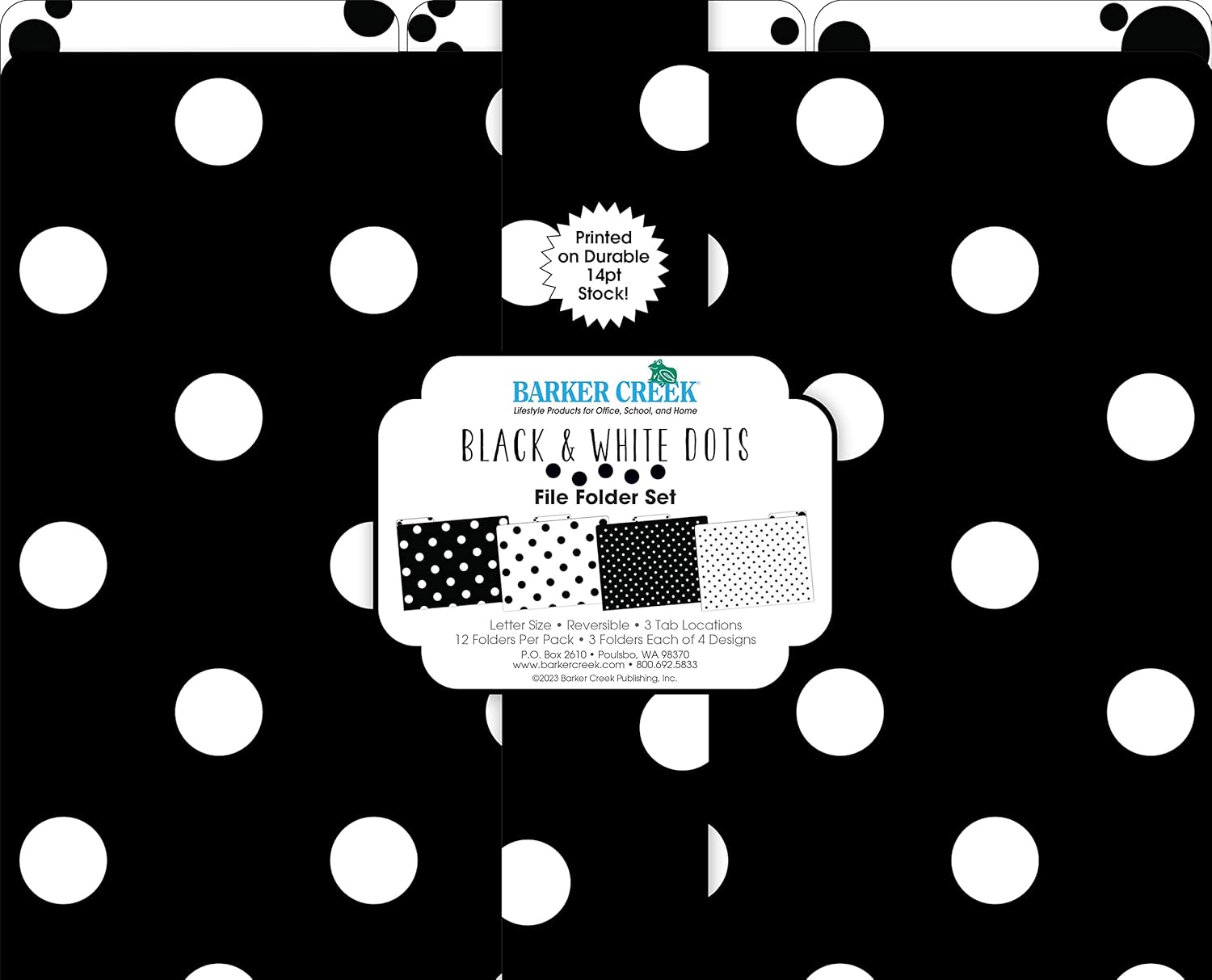 Barker Creek File Folders - Set of 12 Black & White Dot Letter Size Folders, 14pt Stock, Multi-Design Set, 1/3 Cut Tabs, Reversible, Home, School and Office Supplies (2004)