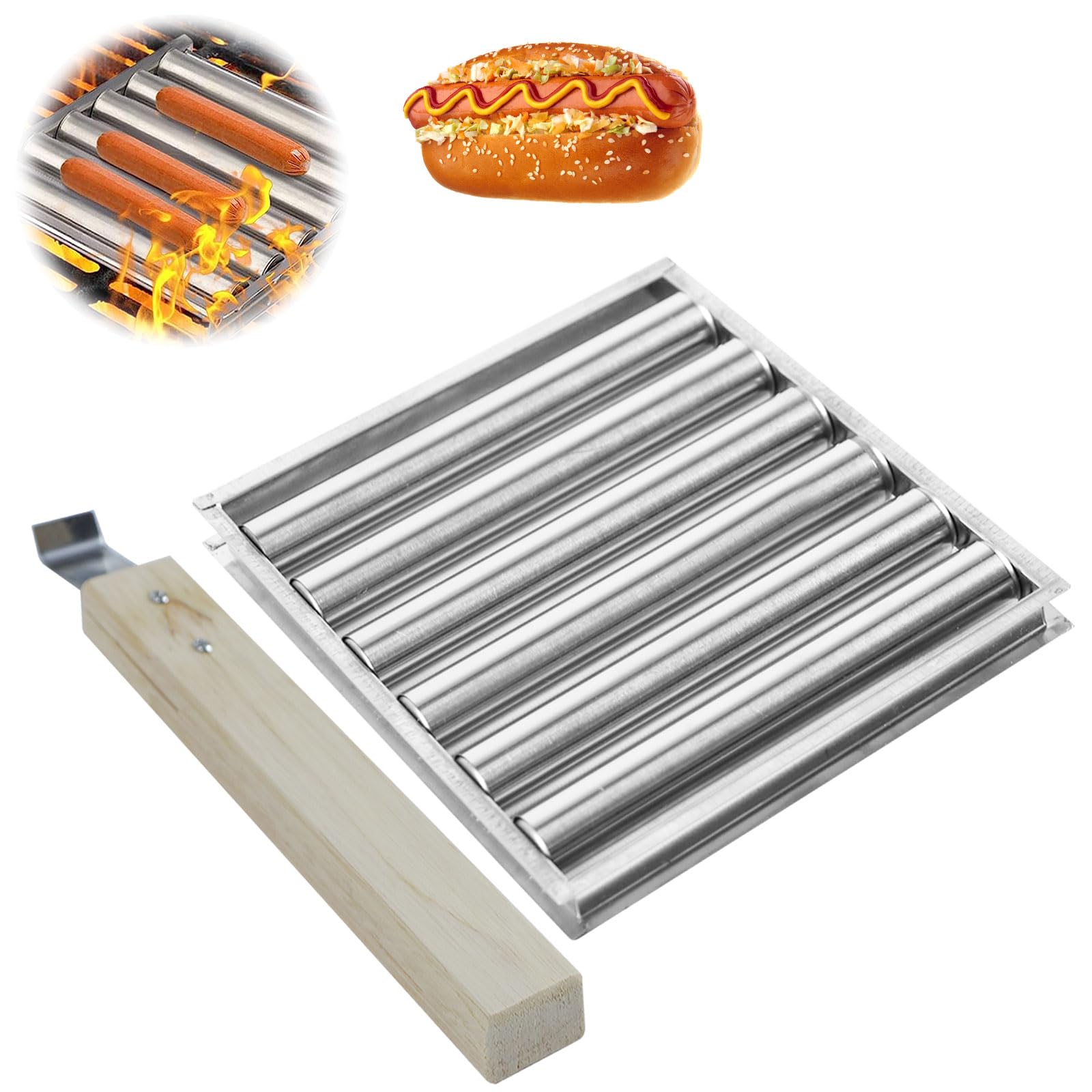 mumisuto Rullo per Hot Dog, Griglia per Salsicce BBQ, Rullo per Salsicce, Rullo per Griglia per Hot Dog con Manico in Legno Extra Lungo per Barbecue per Grigliare Uniformemente Hot Dog, Salsicce