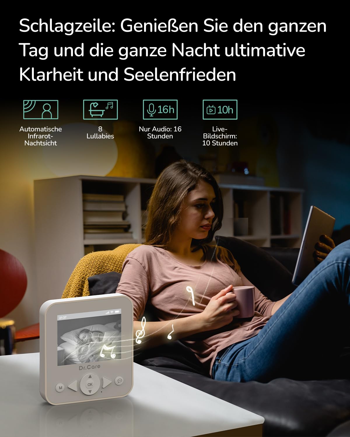 Dr.Care NeoView Video-Babyphone – 2,8" Display, 2-Wege-Audio, Video-Schleifenaufnahme, Nachtsicht, VOX, Temperatursensor, Schlaflieder, Gürtelclip, bis 128GB