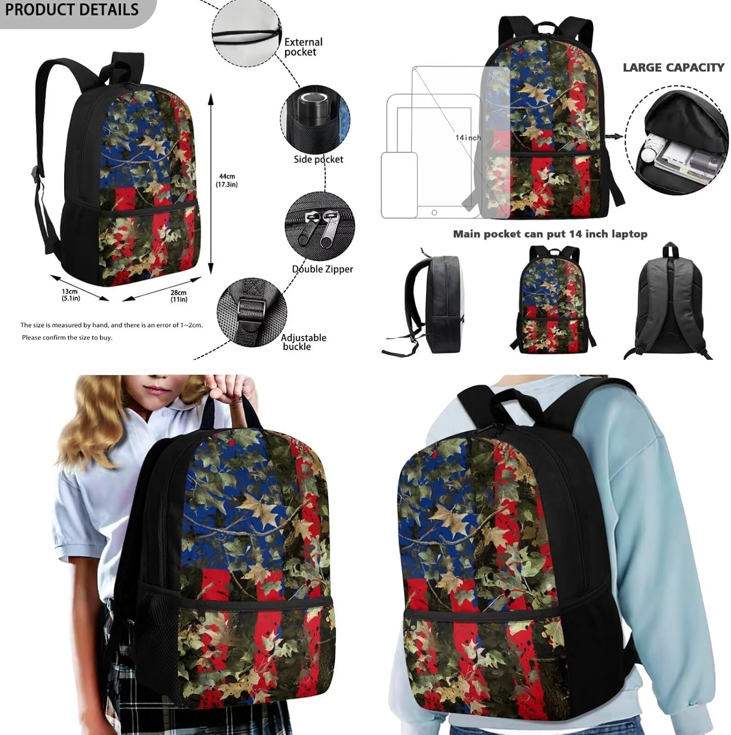 Rnyleeg American Flag Leaf Bookbag for Boys 8-12 Lightweight School Backpack with Lunch Box Set 4 pcs Boys BookBag Set for Elementary Middle School Basics Backpack for School Study Travel
