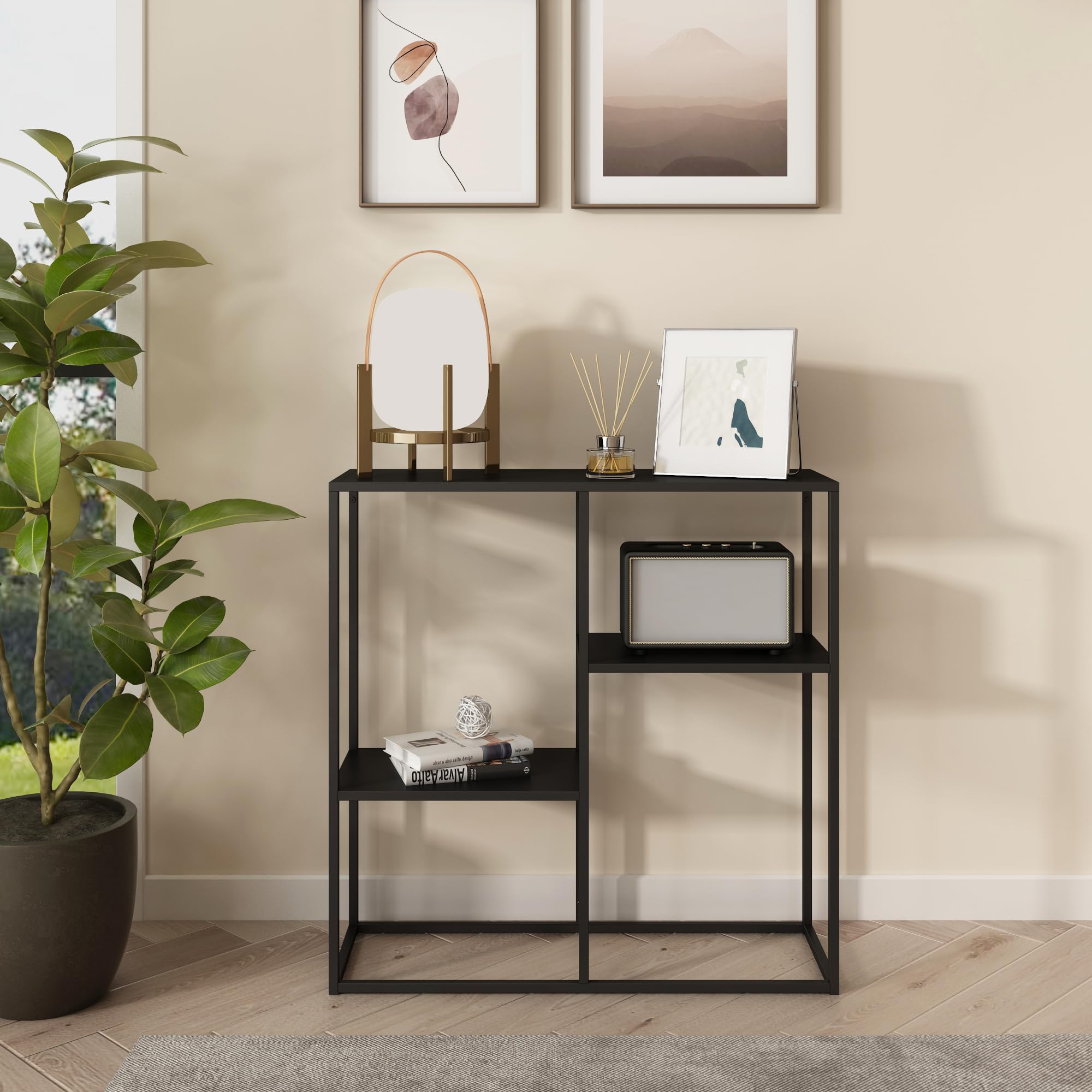 [en.casa] Table Console Strömstad avec 3 Surfaces de Rangement Table d'Entrée Étagère Autoportante Design Industriel Élégant Stable pour Salon Couloir Chambre Acier 80 x 80 x 26 cm Noir Mat