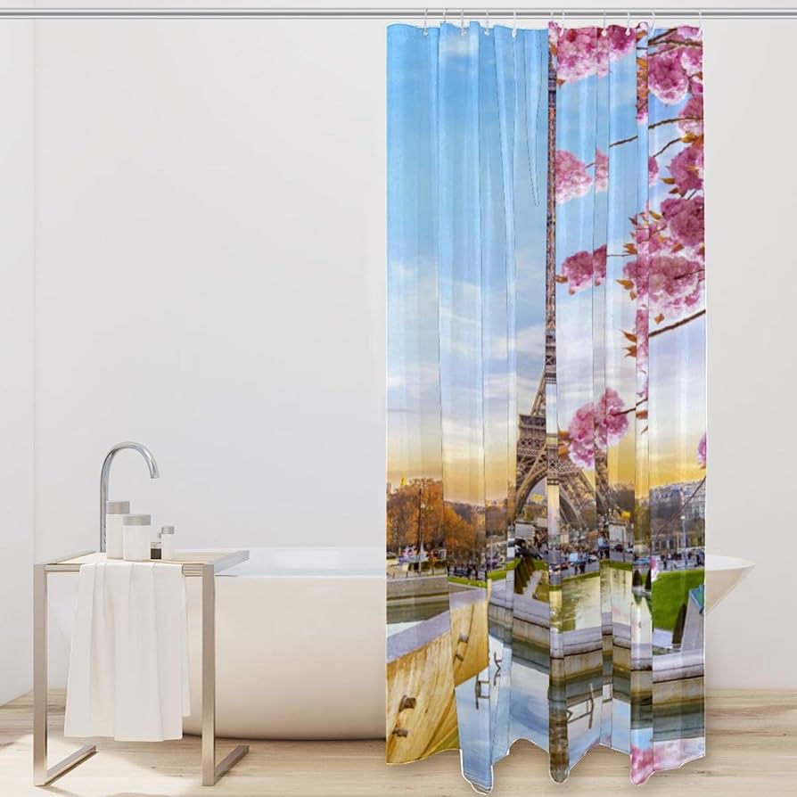 Tenda da doccia in tessuto Torre Eiffel Chic Paris Tenda da doccia per bambini, ragazzi, ragazze, donne, romantica, floreale, accessori impermeabili con 12 ganci, rosa femminile, 175 x 178 cm