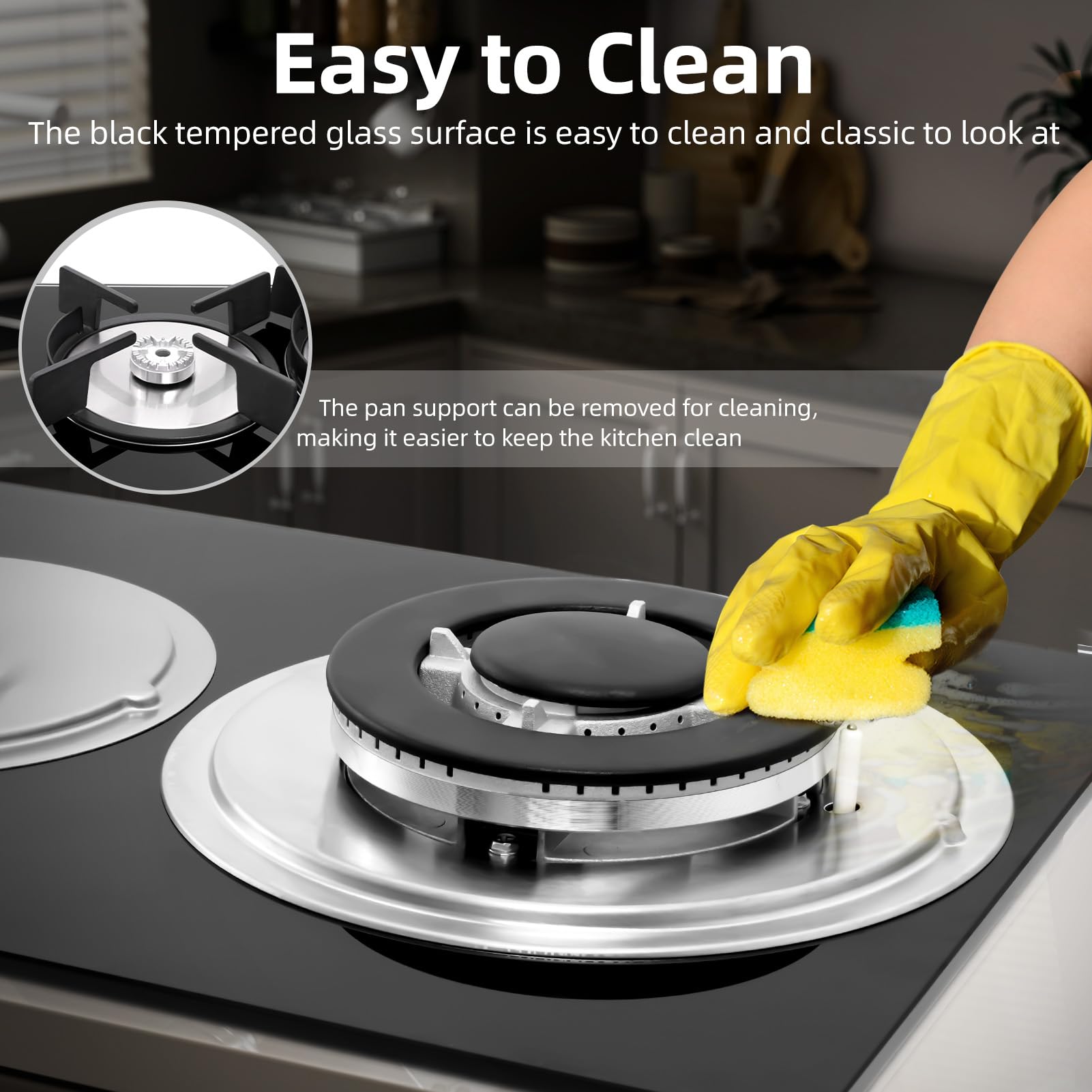 5050W Gas Hob 2 Burners, NG/LPG Convertible Induction Hob, 51cm Built-in Tempered Glass Panel, Electronic Lgnition + Flame Failure Protection (Black) — view 6