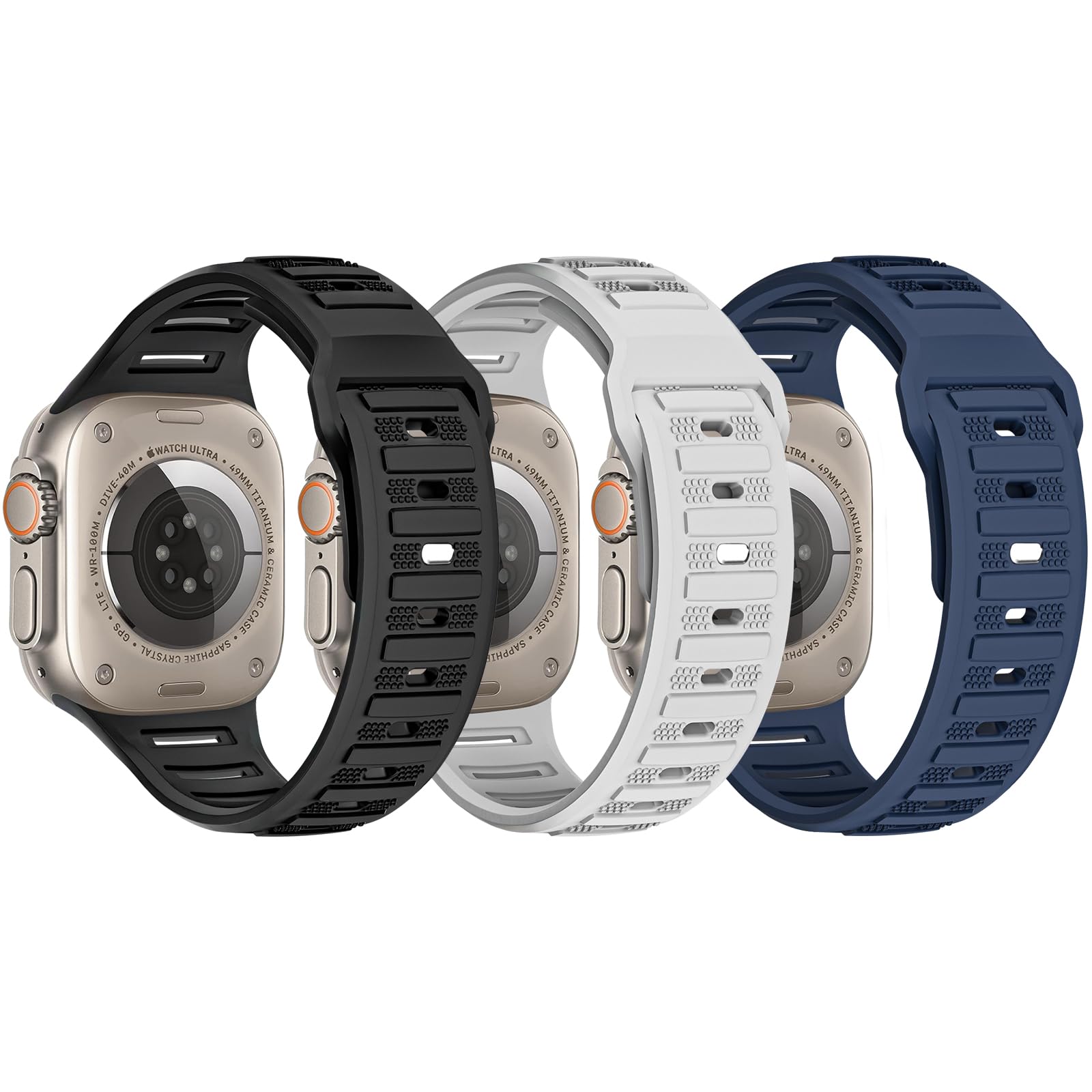 TRA 3 Pack Sport Bands Compatible with Apple Watch Ultra 2/Ultra Band 49mm 45mm 44mm 42mm 41mm 40mm 38mm, Soft Silicone Strap Replacement Wristband Compatible for iWatch Series 9/8/SE/7/6/5/4/3/2/1