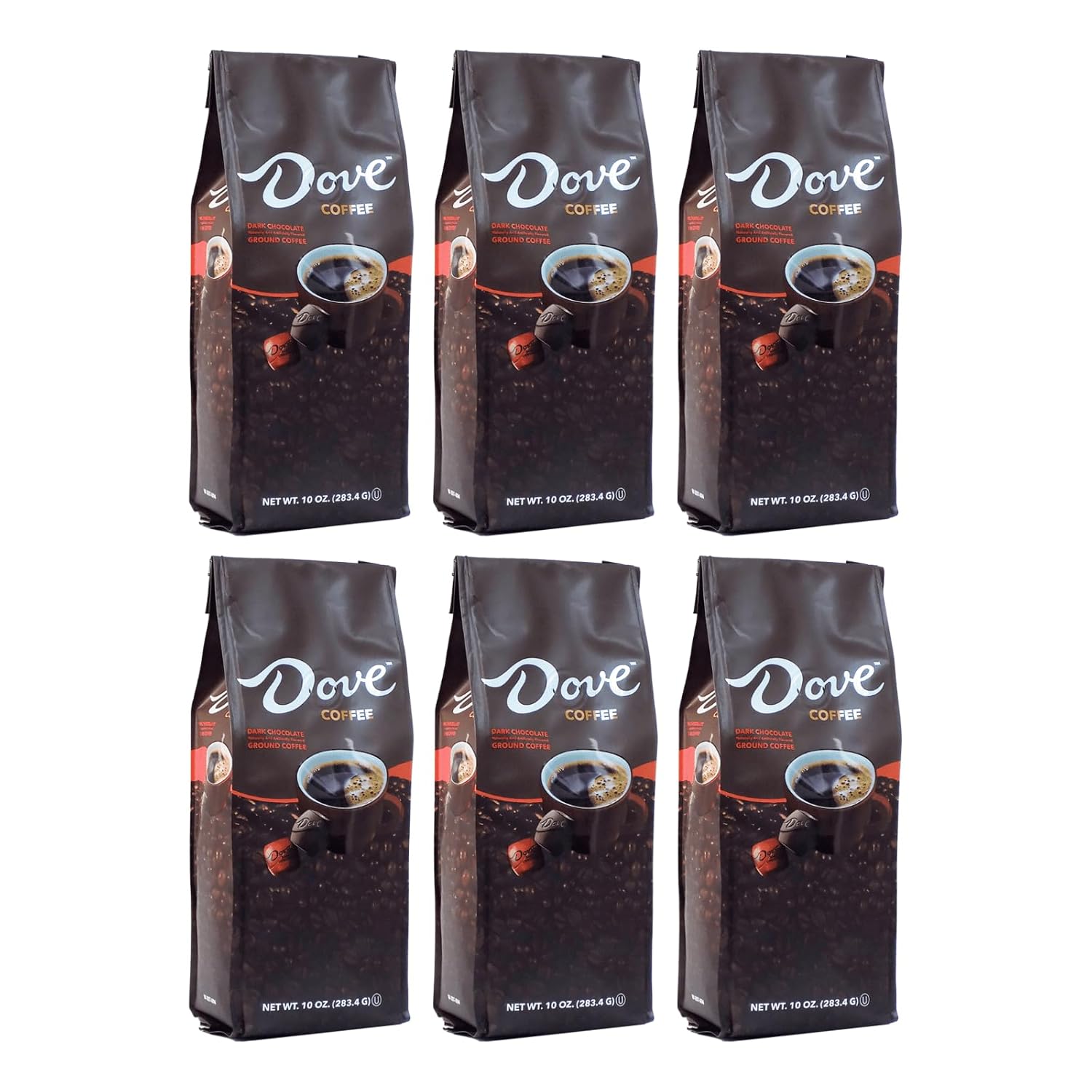 Dove Coffee, Dark Chocolate Candy Flavored Ground Coffee - 10 Ounce Bag (Case of 6)