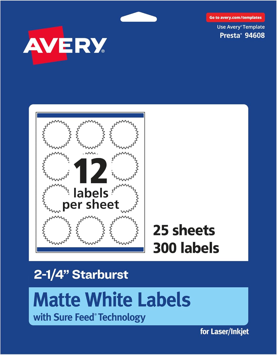 Avery Matte White Starburst Labels, Sure Feed Technology, 2.25", 600 Matte White Printable Labels