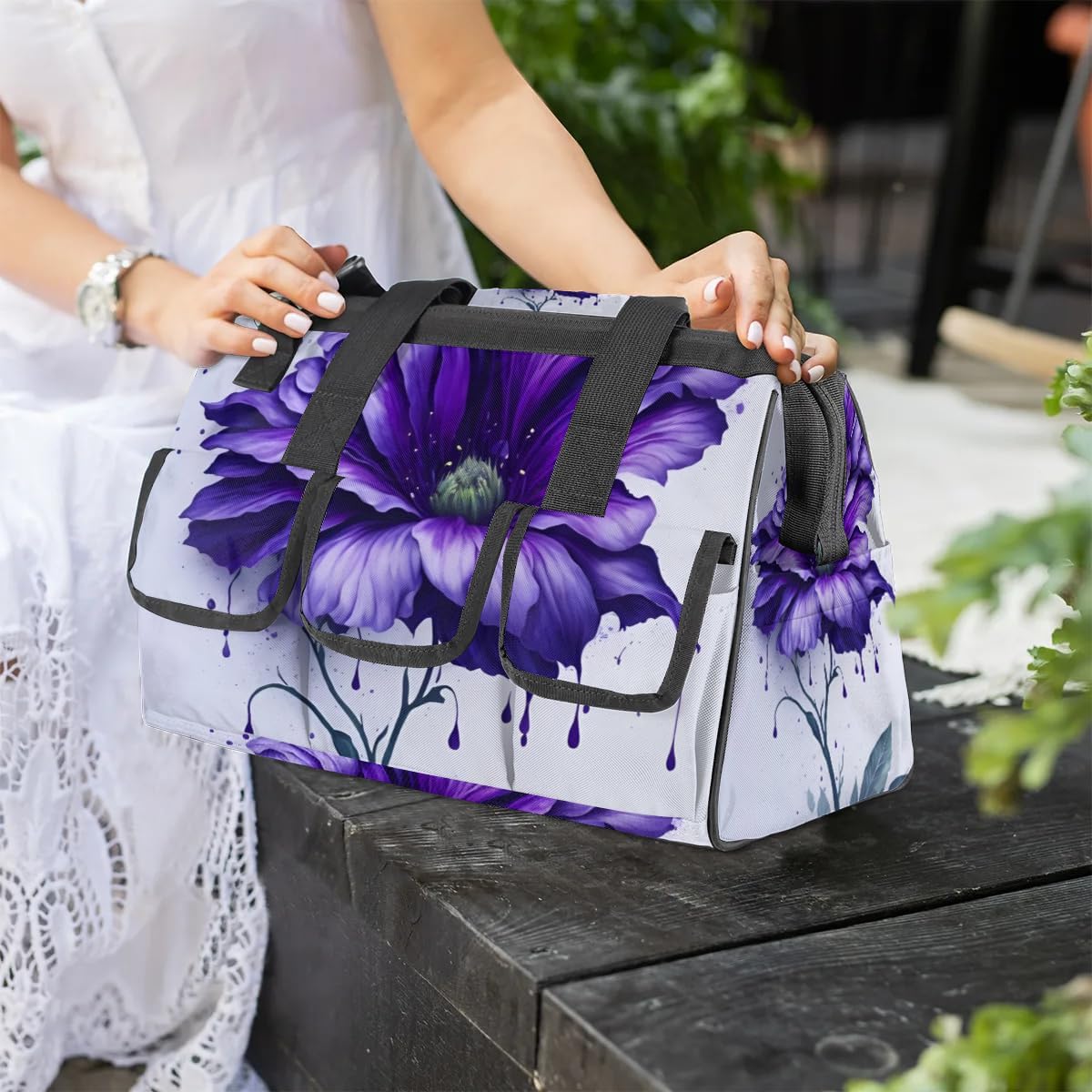 15 Inch Tool Bag 14-Pockets Tool Box Organizer for Men Big Floral Purple Tool Tote Bag Waterproof Toolbox with Shoulder Strap Heavy Duty Garden Tool Organizer for Mechanic