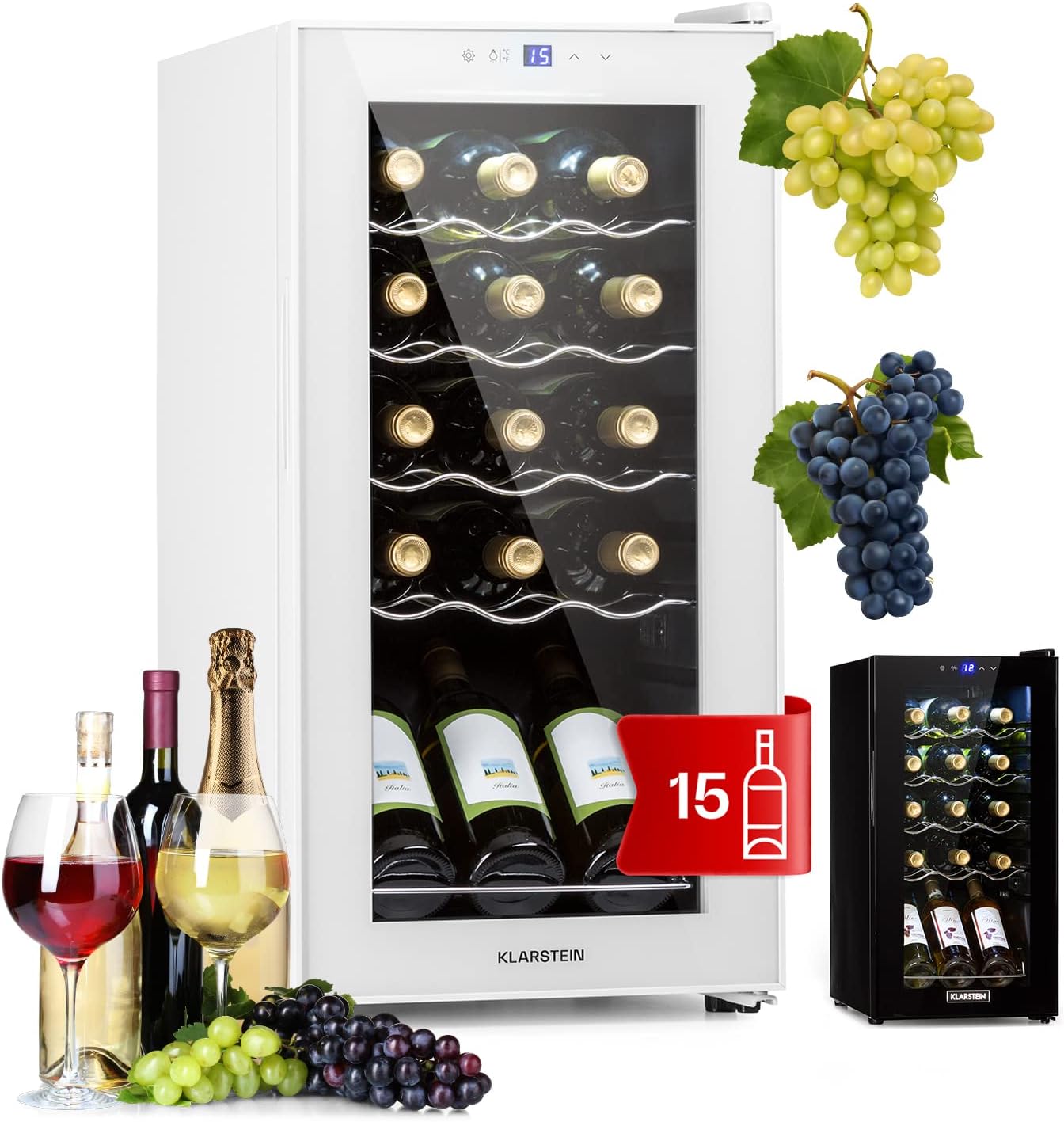 KLARSTEIN Free-Standing Wine Cooler Drinks Fridge, 44L Single Zone Wine Fridges, Wine Prosecco & Beer Bottles, Wine Fridge with Glass Door, Indoor/Outdoor Bar Fridge and Wine Cooler, 15 Bottles