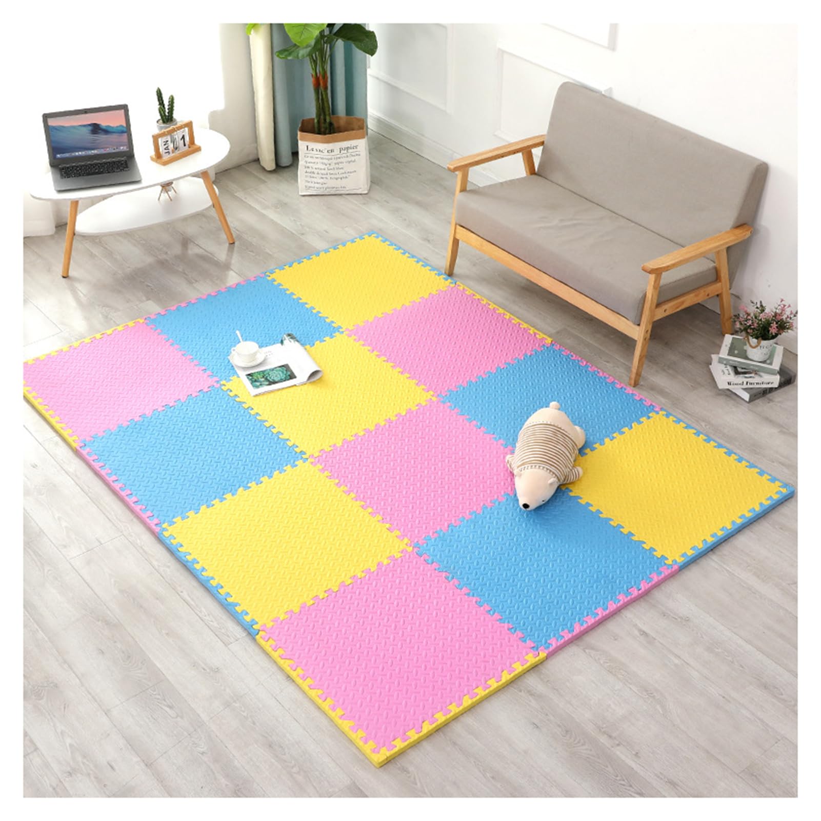 Blokujące piankowe płytki podłogowe puzzle maty do zabawy do domowego sprzętu gimnastycznego 24 m2 różowy/żółty/niebieski 60 x 1,2 cm 6 szt