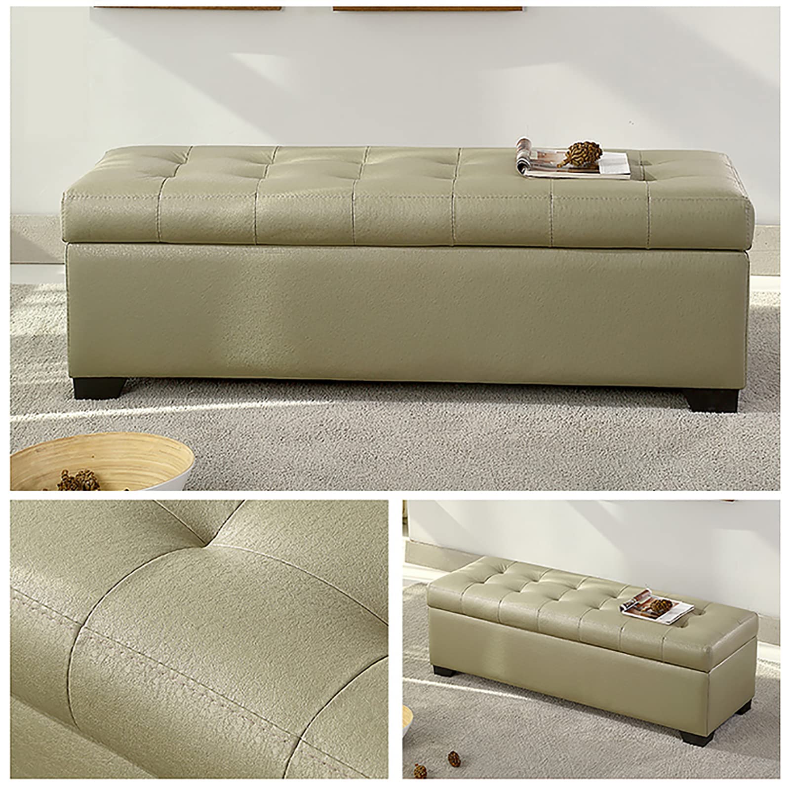 Moderno Cuero De Pu Acolchado Rectangular Con Tapa Banco De Almacenamiento Reposapiés Banco Para Dormitorio Sala De Estar Cambiar Zapatos Banco-Beige 90x45x40cm(35x18x16inch) (Verde 90x45x40cm(35x18