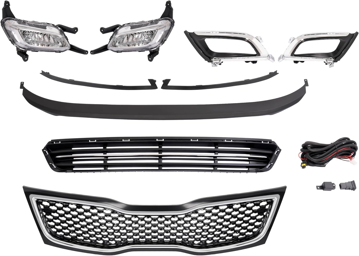 HECASA Upper + Lower Grille + Fog Light W/Accessories Compatible with 2014-2015 Kia Optima Bumper Grill and Fog Light Assembly W/Fog Light Bezel+Fog Light Trim+Front Bumper Lip+Grille Trim