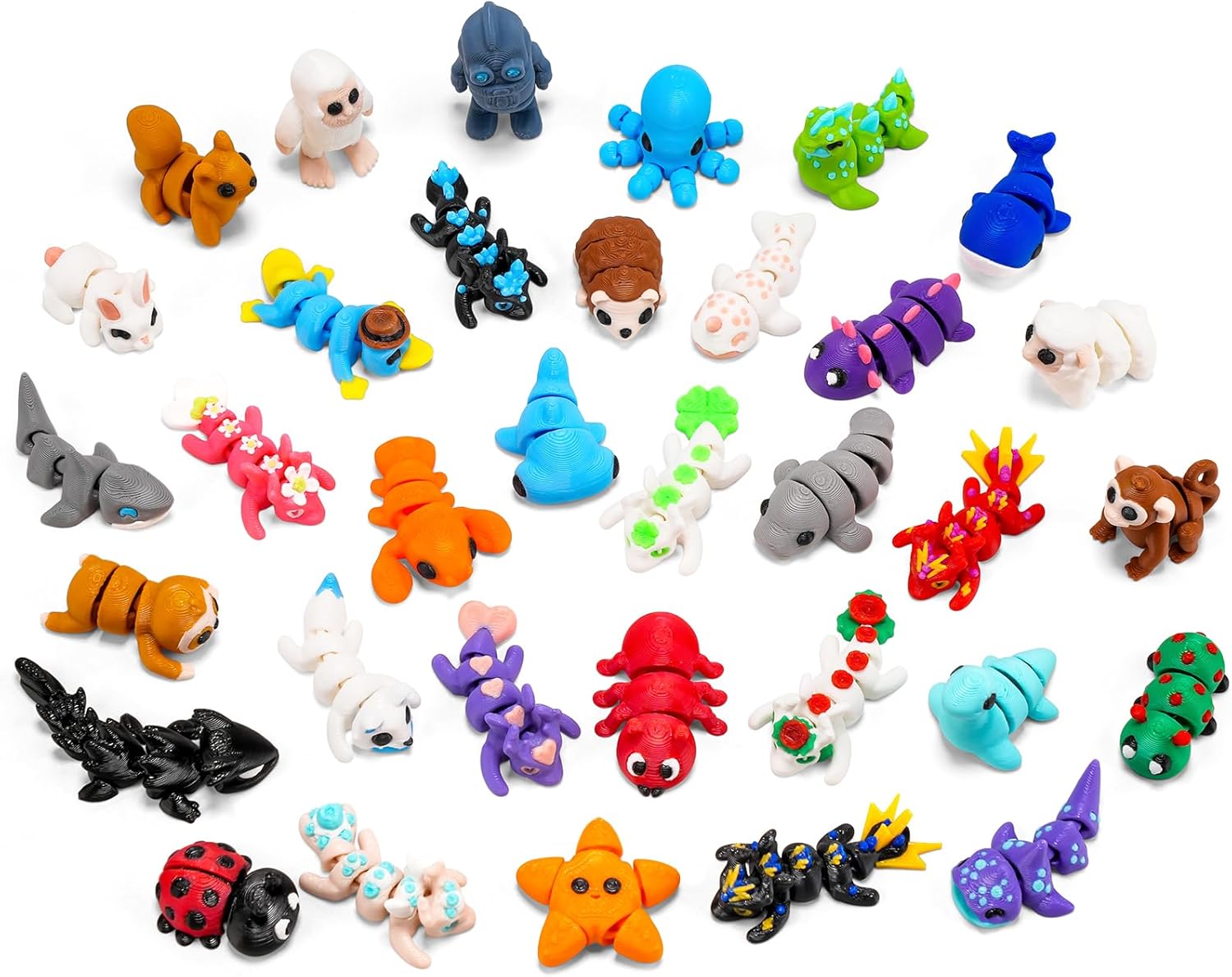 VZZNN 34 Pack Mini 3D Printed Animals - Articulated Fidget Animal Toys for Kids Classroom Valentines Exchange, Small 3D Printed Animal Toys Bulk