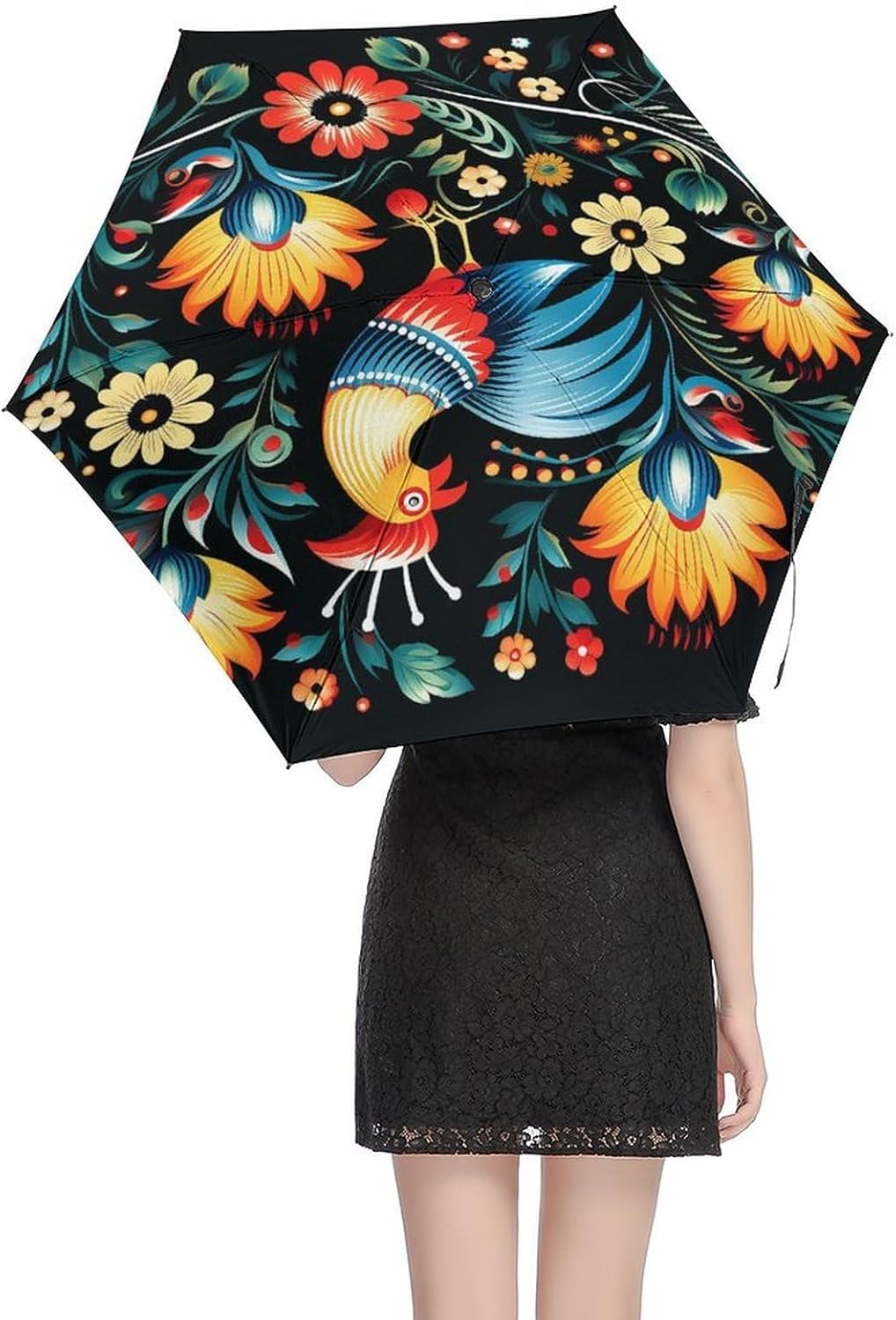 Polish Folk Art Pattern Printed Exterior 5 Fold Umbrella,Windproof Travel Umbrella for Sun Protection, Small Portable,Compact Umbrellas for Travel, Purse Or Backpack