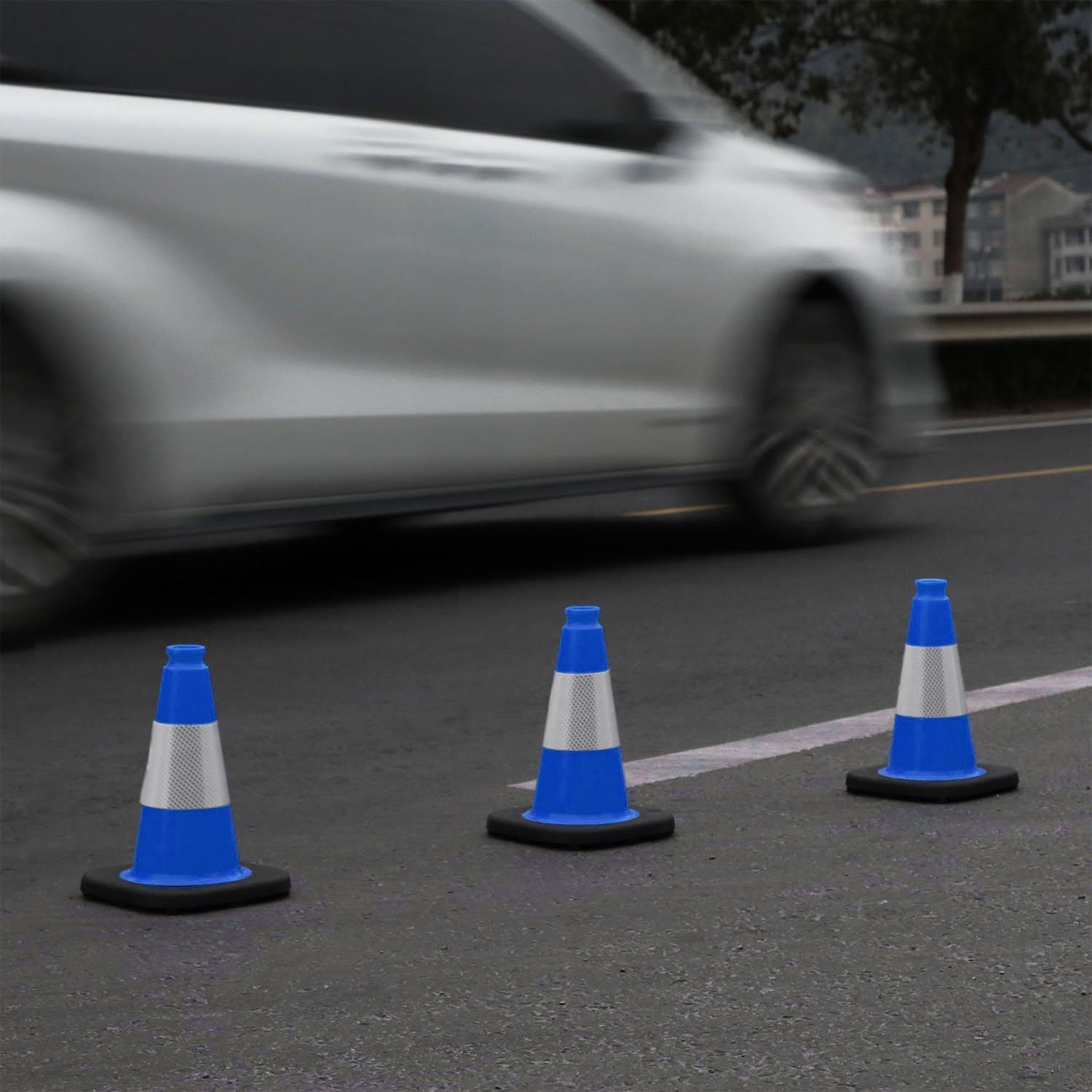 Fluorescent Orange/Green PVC Traffic Cones, Heavy Black Base Parking Lot Cone Structurally Stable Weatherproof Road Construction Safety Cones (4, Blue, 12" Small)