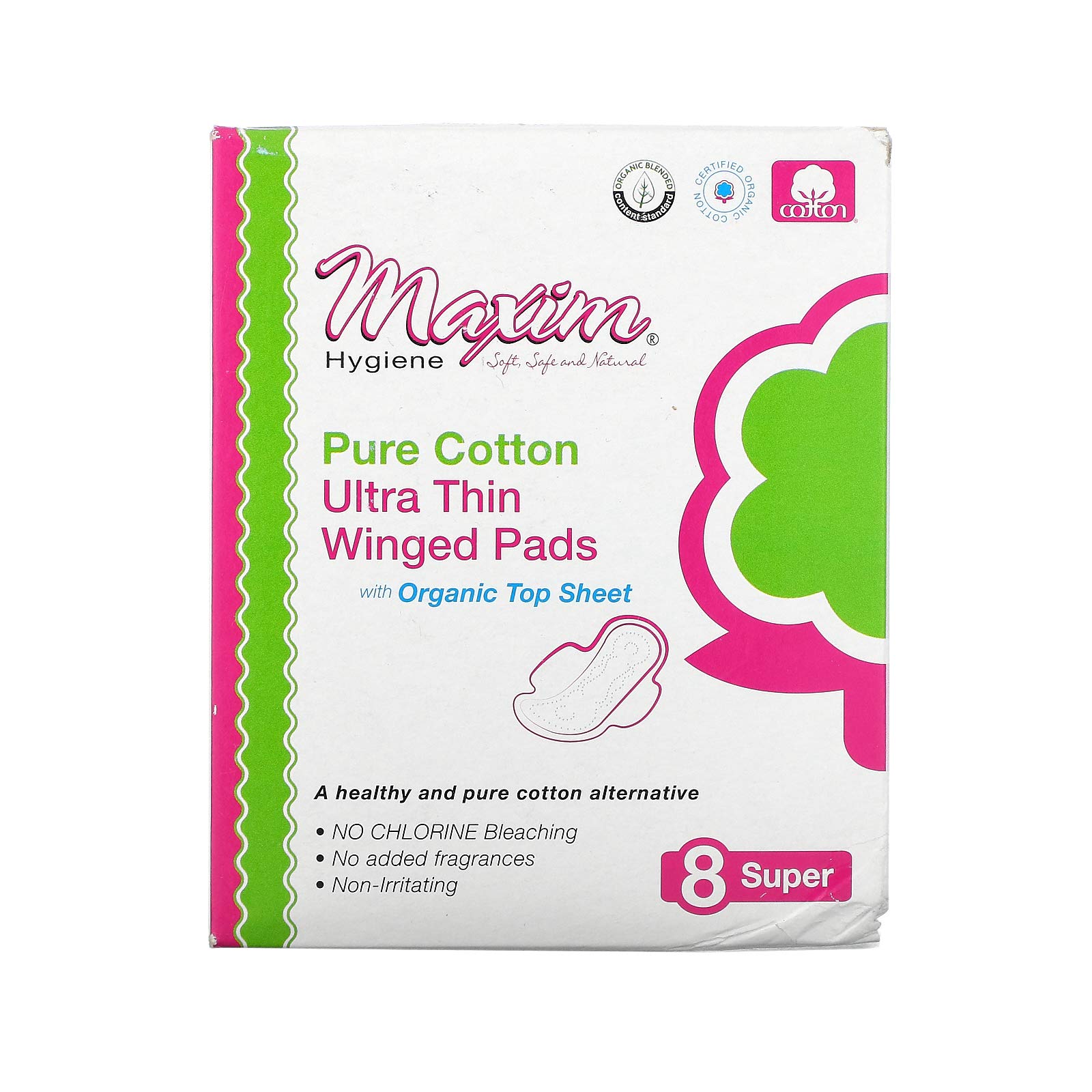 Toallas higiénicas Maxim® ultrafinas de algodón puro sin cloro, sin perfume, absorción nocturna y nocturna, con canales de control de fugas, toallas sanitarias para el cuidado femenino, 8 unidades, 1 paquete