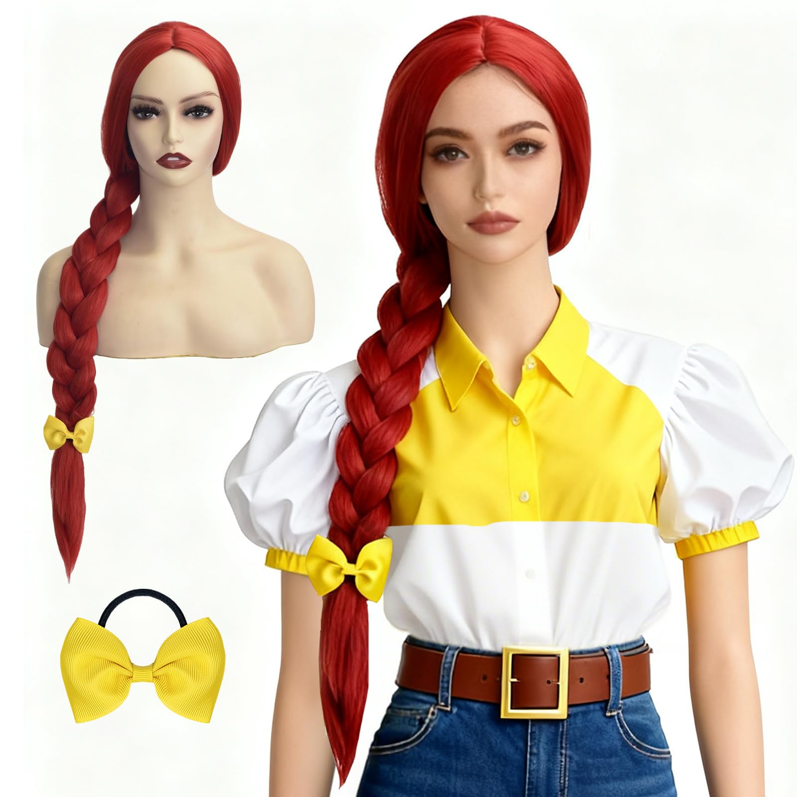 Photo 1 of QACCF Long Red Braided Wig with Yellow Bow