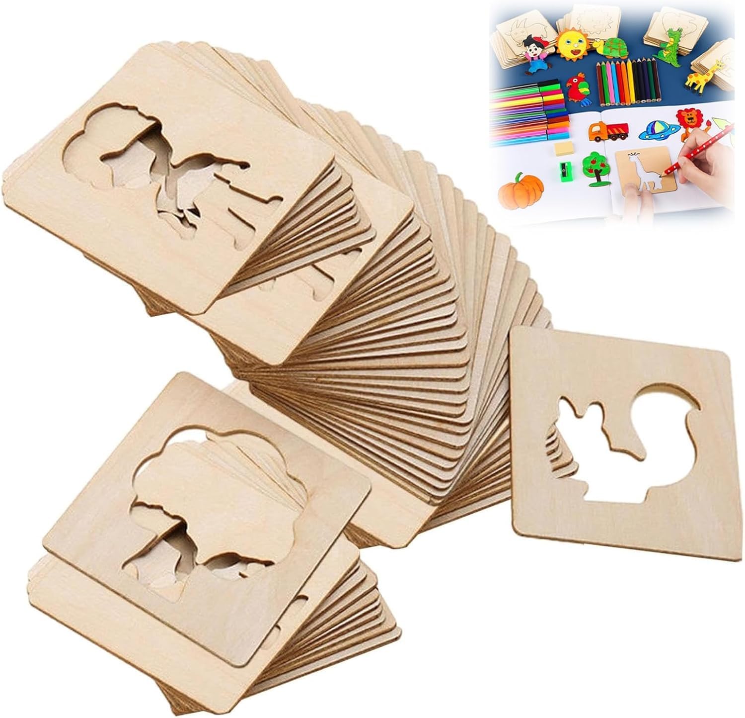 48-Piece Drawing Stencils for Kids, Wooden Stencils and Doodle Cores Set, Wooden Stencils for Kids, Painting Board for Kids, Painting Templates for Craft and Art, DIY Projects-image-38