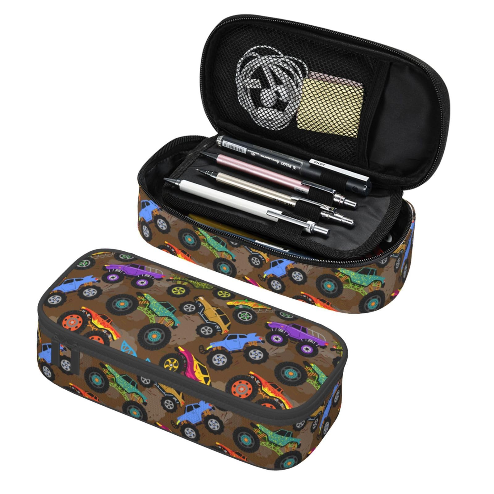 HKHEHOP Monster Cartoon Truck Pencil Case Big Capacity Storage Pencil Pouch Stationery Bags With Zipper Portable Pen Holder Box Organizer For Boys Kids Student College School Office Supplies