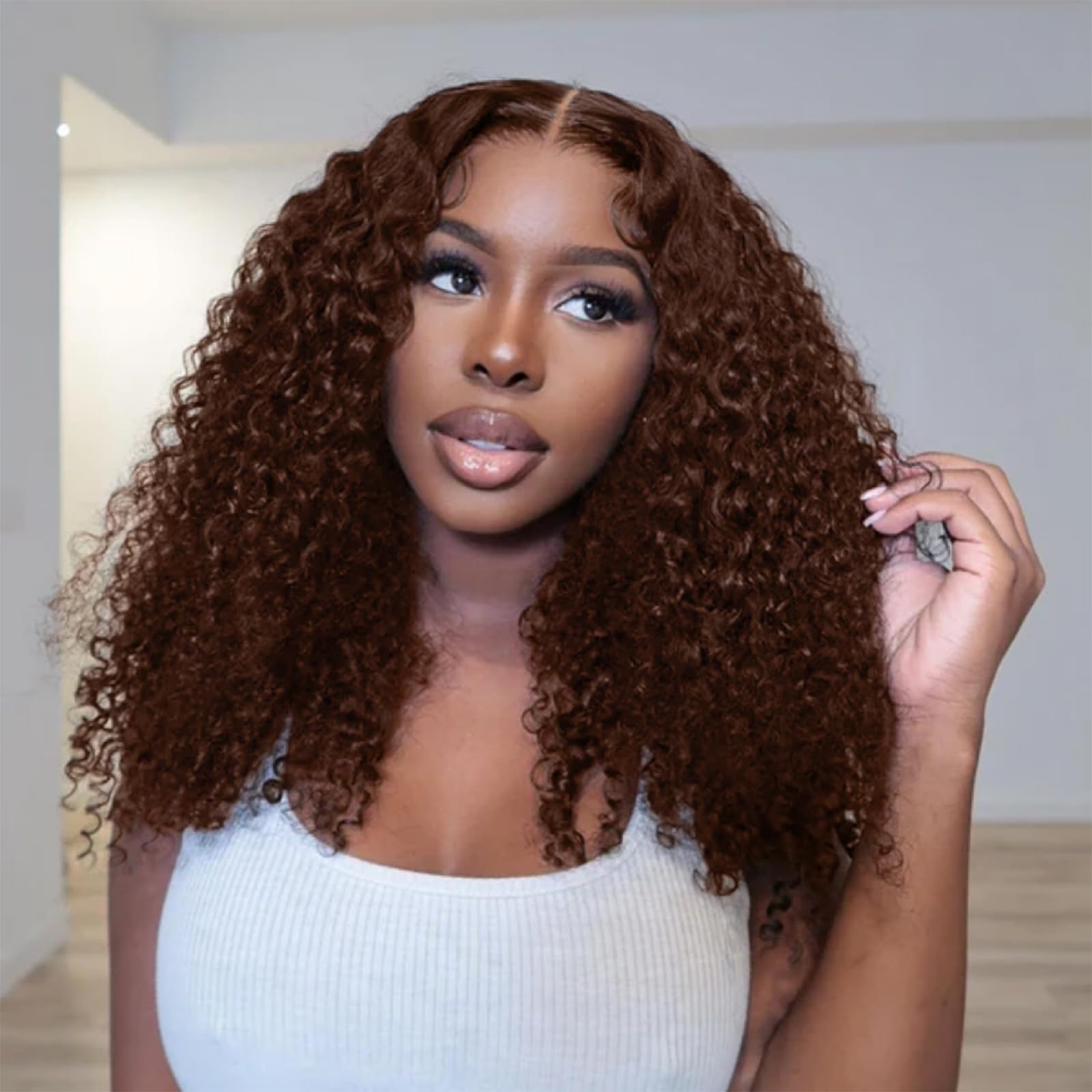 Punmasa Chocolate Brown Bob Wig Human Hair 13x6 Frontal Lace Wig 200% Density HD Lace Front Wigs Human Hair Pre Plucked Bob Wigs for Women #4 Curly